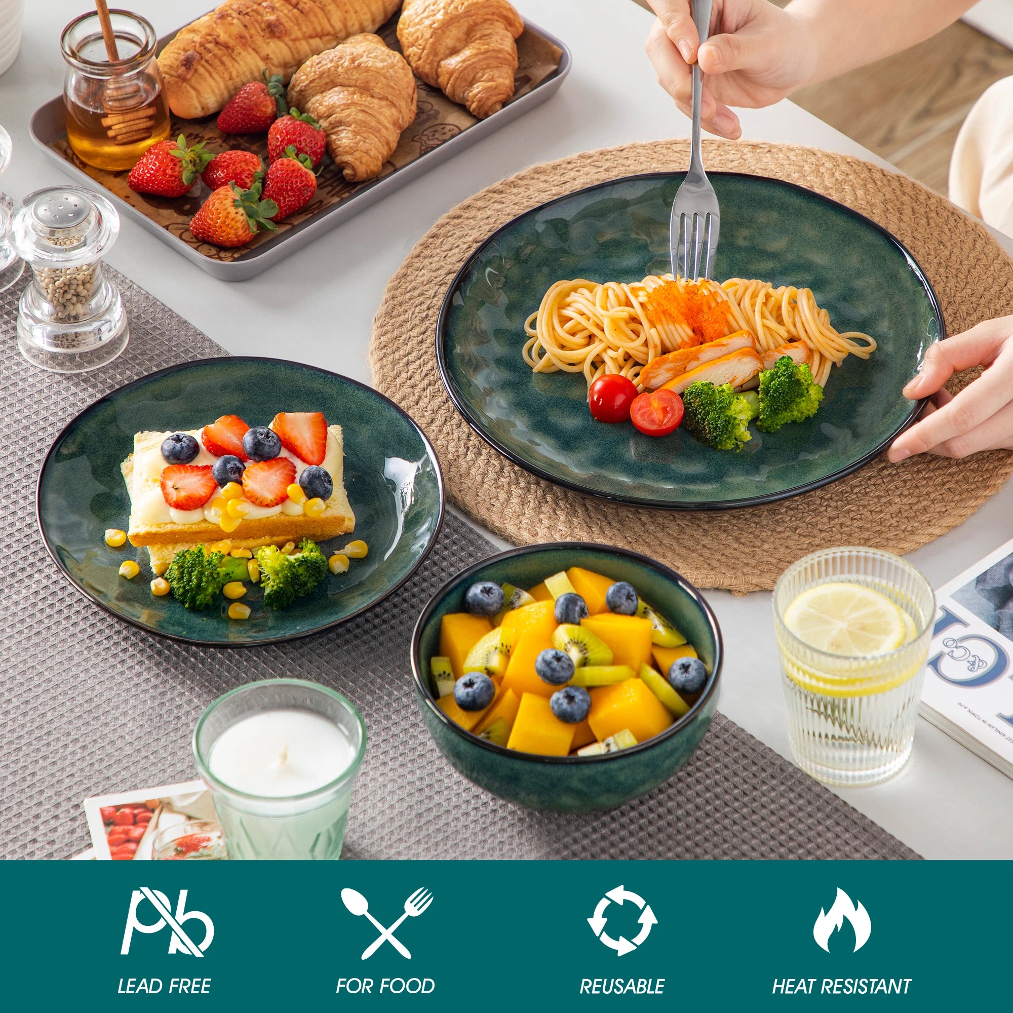 Groene Keramische Borden Set 12/24-Delig – Steengoed Servies voor 4 of 8 Personen – Modern & Magnetronbestendig