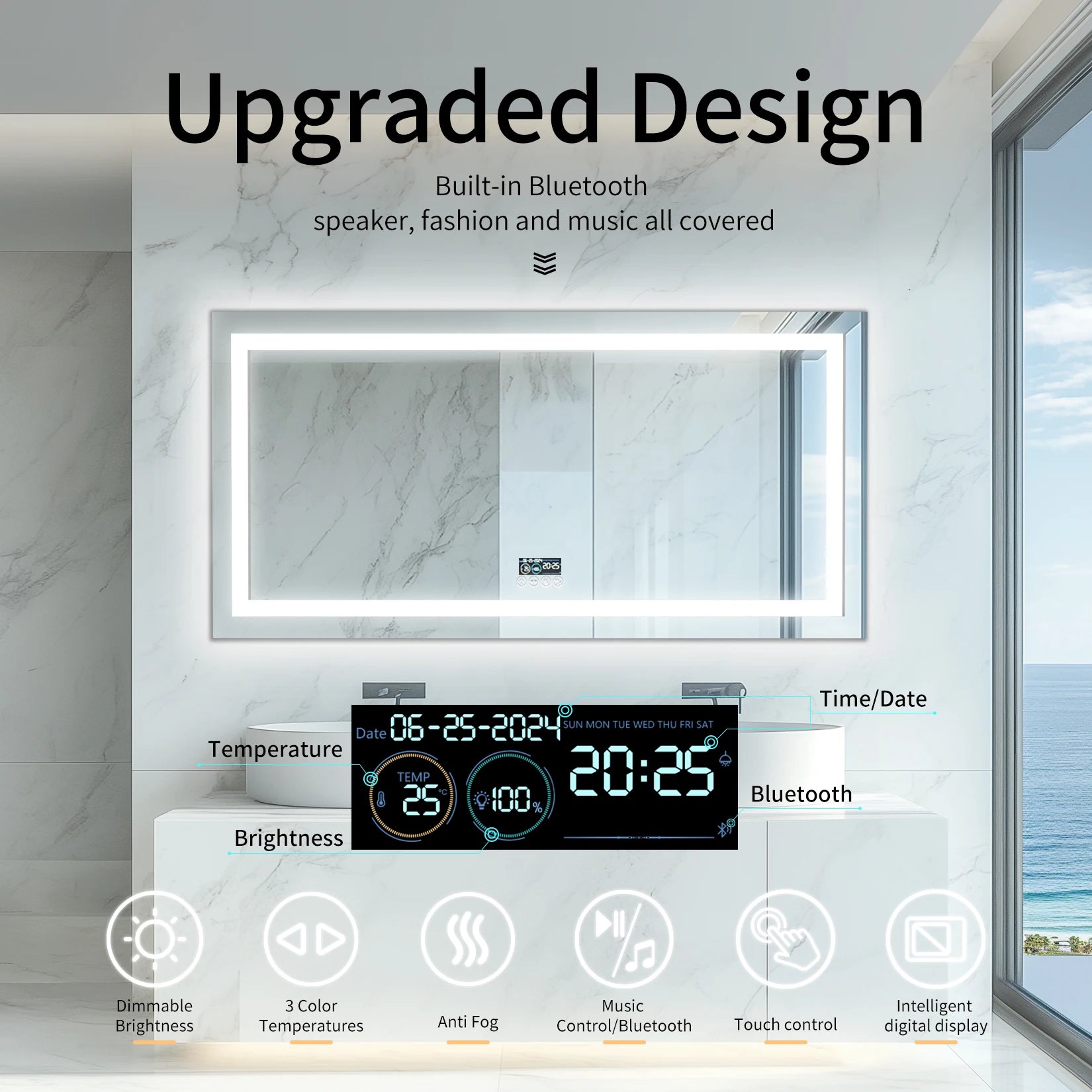 LED Badkamerspiegel met Bluetooth Speaker, Dimbare Verlichting, Anti-Condens & Display – Moderne Badkamerspiegel met Verlichting