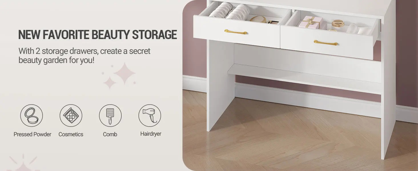 Moderne Witte Kaptafel met Spiegel, Planken en 2 Lades – Kaptafel voor Slaapkamer met Instelbare Verlichting