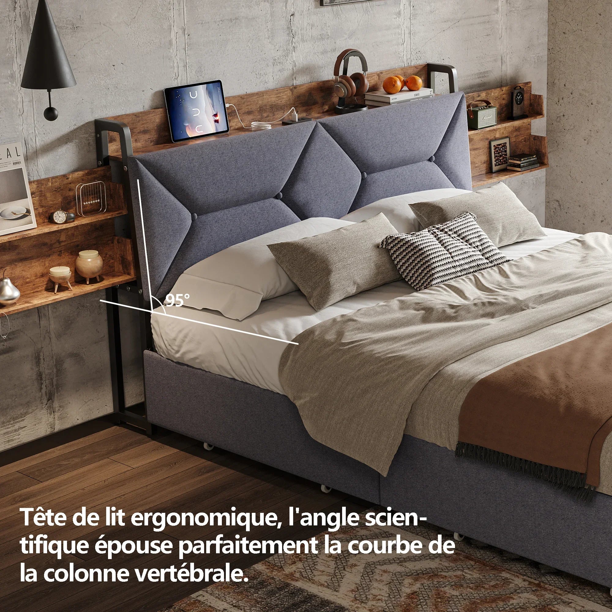 Gestoffeerd tweepersoonsbed met LED‑verlichting, USB‑oplaadfunctie en 4 lades – ideaal voor moderne slaapkamers