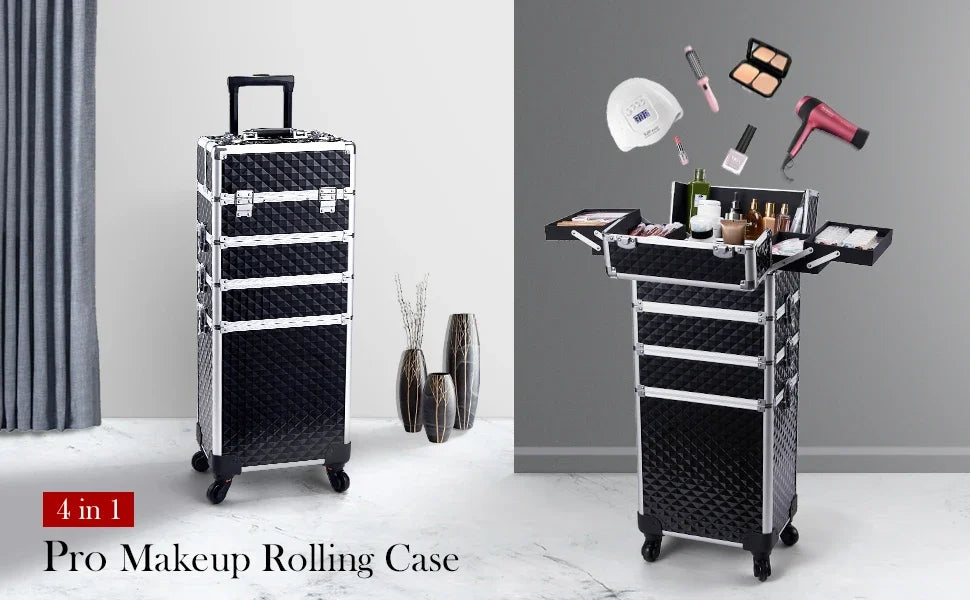Professionele Make-up Trolley Koffer 4-in-1 – Aluminium Opbergkoffer met Wieltjes en Afneembare Compartimenten – Voor Cosmetica, Nageltools en Reis