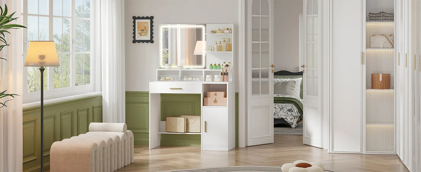 Kaptafel met Spiegel en LED Verlichting – Moderne Make-up Tafel met Lades, Opbergruimte en Kast – Witte Dressing Table met Verstelbaar Licht