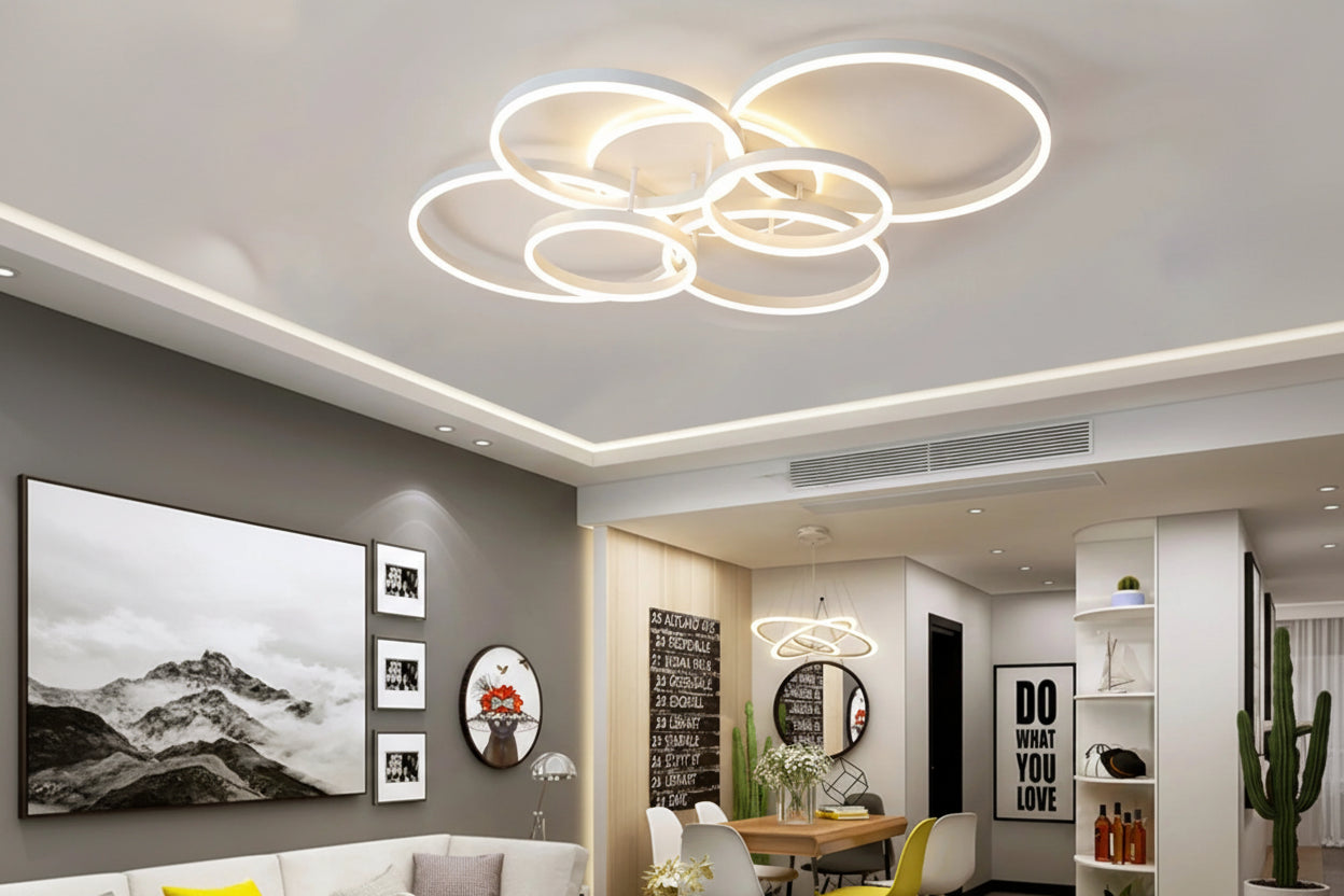 Moderne LED Plafondlamp met Ringen – Dimbare Smart Hanglamp met Afstandsbediening & App – Luxe Design voor Woonkamer & Slaapkamer