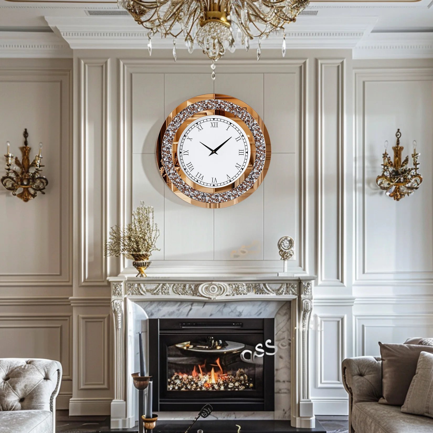 Ronde Zilveren Spiegelklok 60 cm – Luxe Wandklok met Romeinse Cijfers & Crushed Diamant Design