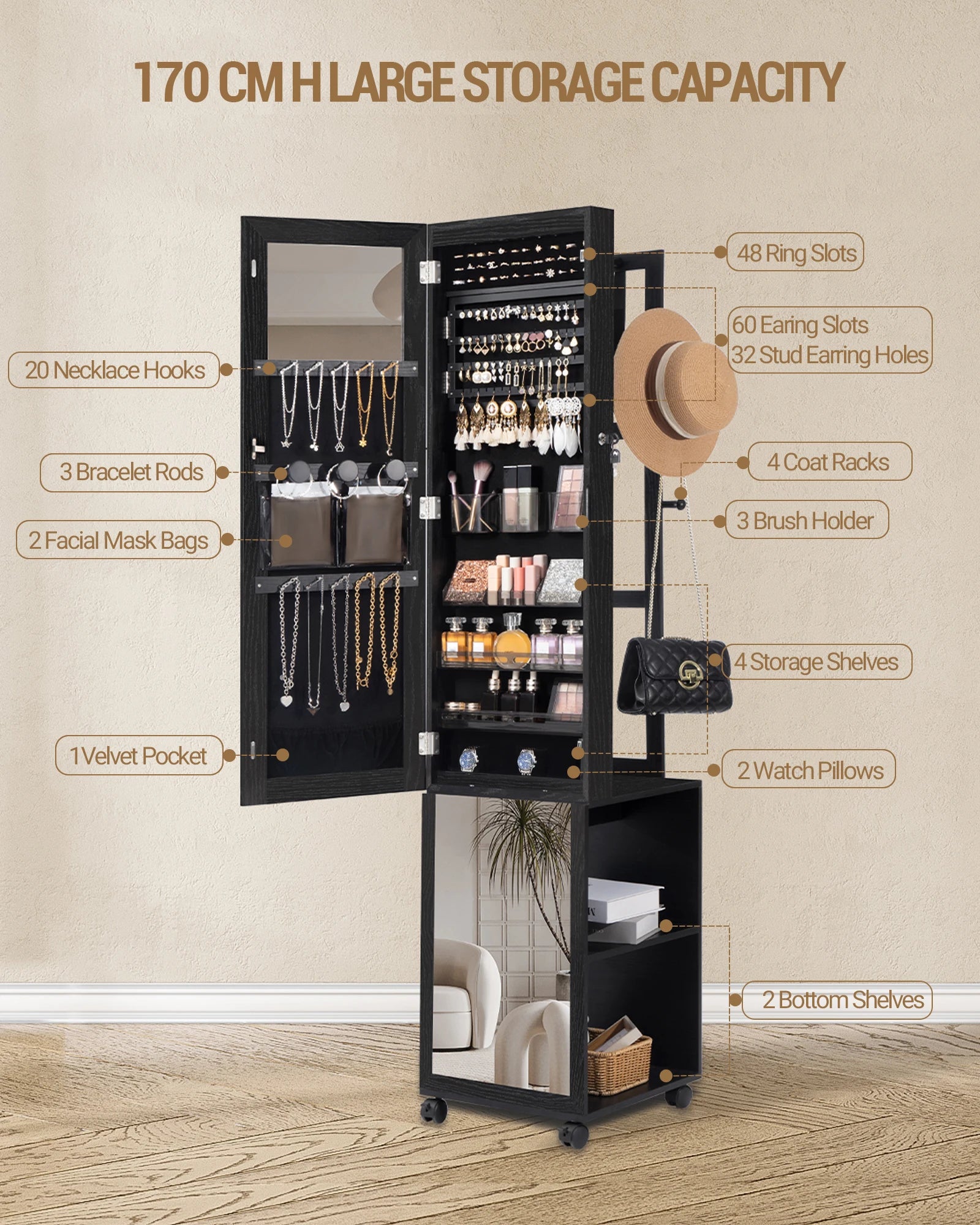 Sieradenkast met Spiegel en LED Verlichting – Staande Sieraden Organizer met Kledingrek, Opbergrek en Wielen
