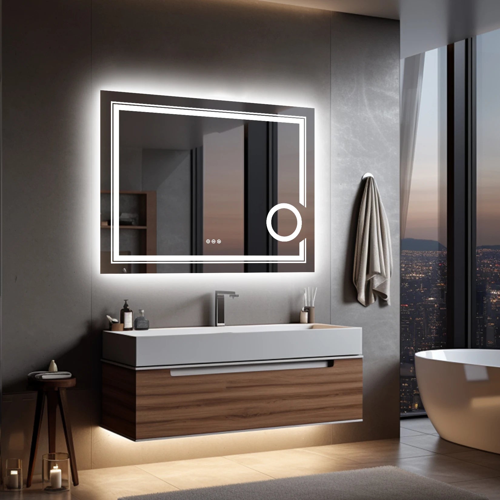 Moderne LED Badkamerspiegel 60×45 cm – Dimbare Verlichting, Anti-Condens & Touch Bediening – Wandspiegel met Verlichting en 3x Vergrootglas