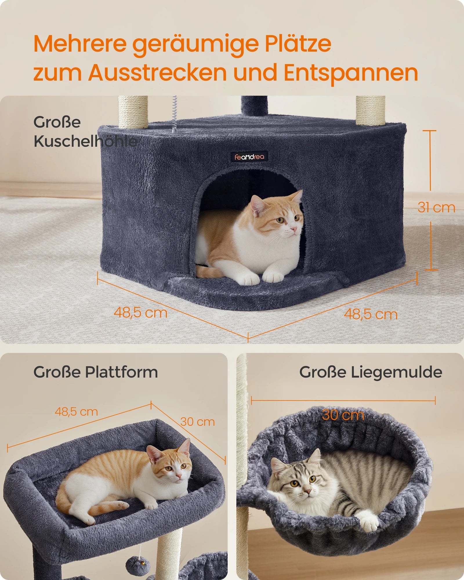 Krabpaal Hoekmodel 140 cm – Grote Kattenboom met Huisje, Mand & Platforms – Stabiele Krabtoren voor Grote Katten