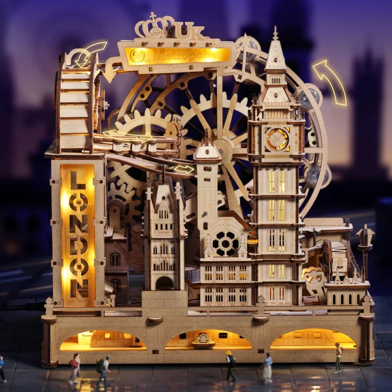3D Houten Knikkerbaan Puzzel – Mechanische Marble Run Bouwset met Londen Thema – Interactieve STEM Puzzel voor Volwassenen en Tieners