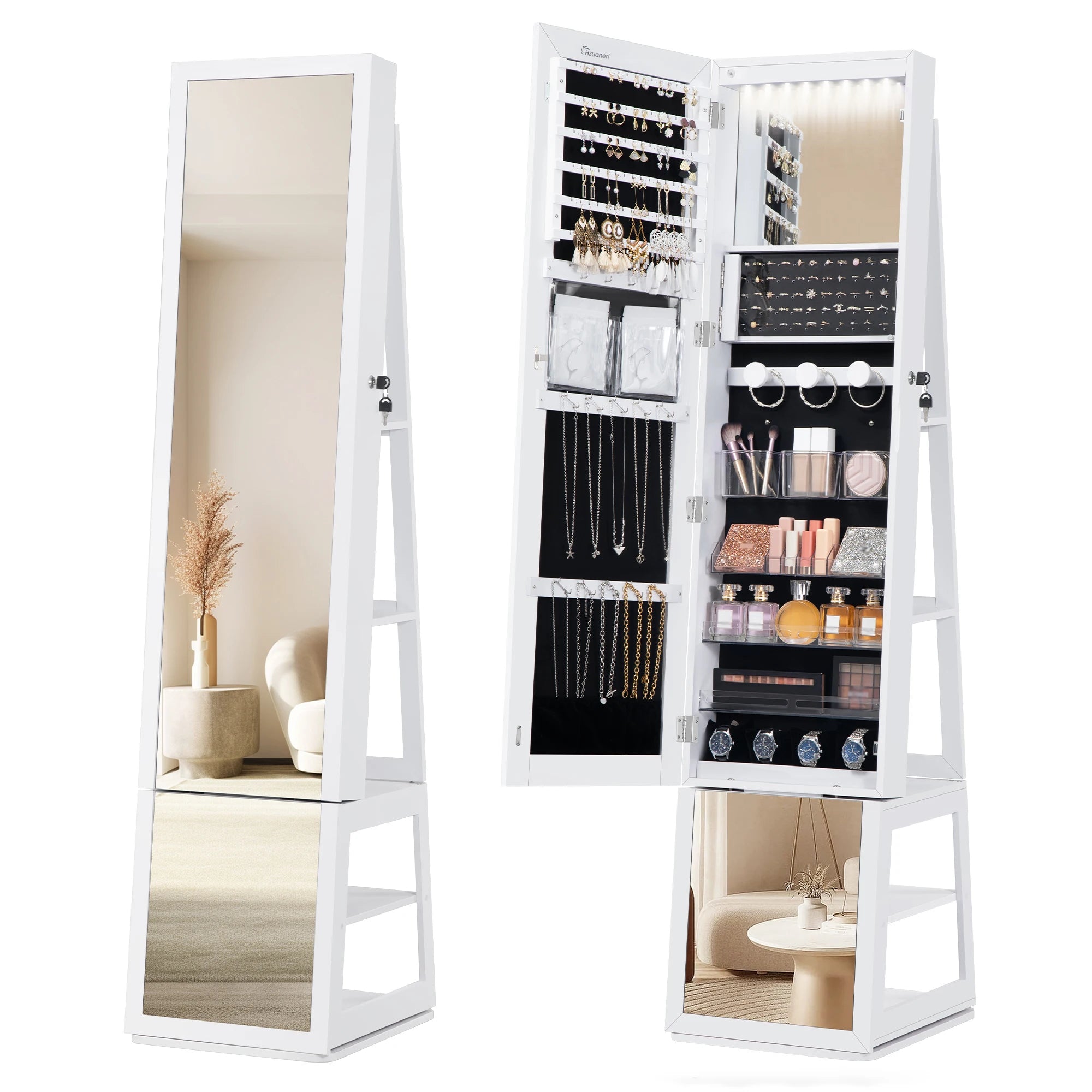 Sieradenkast met Spiegel 360° Draaibaar – Staande Sieraden Organizer met LED Verlichting & Opbergruimte