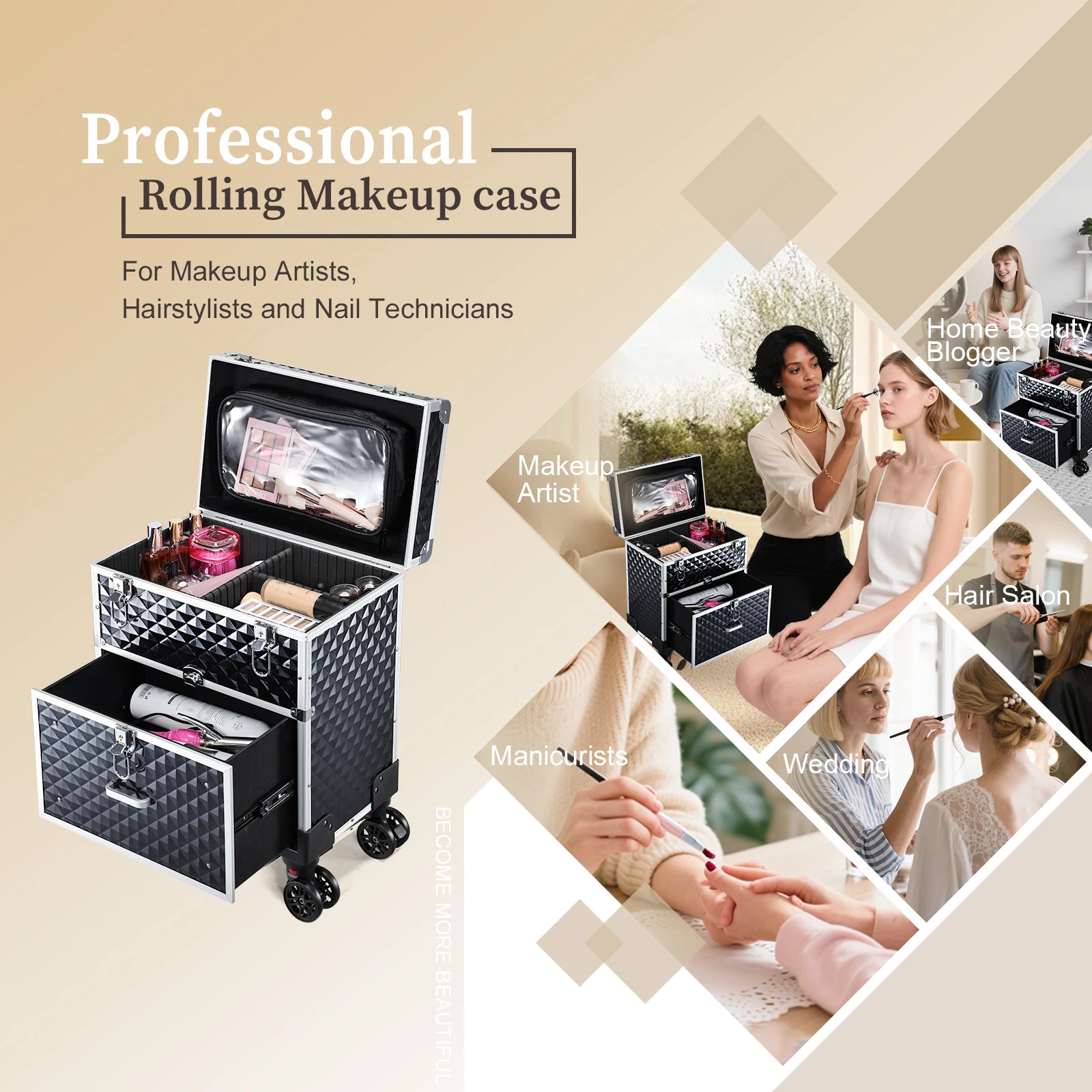 Professionele Rollende Make-up Koffer met Lade – Cosmetica Organizer Trolley voor Make-up Artisten