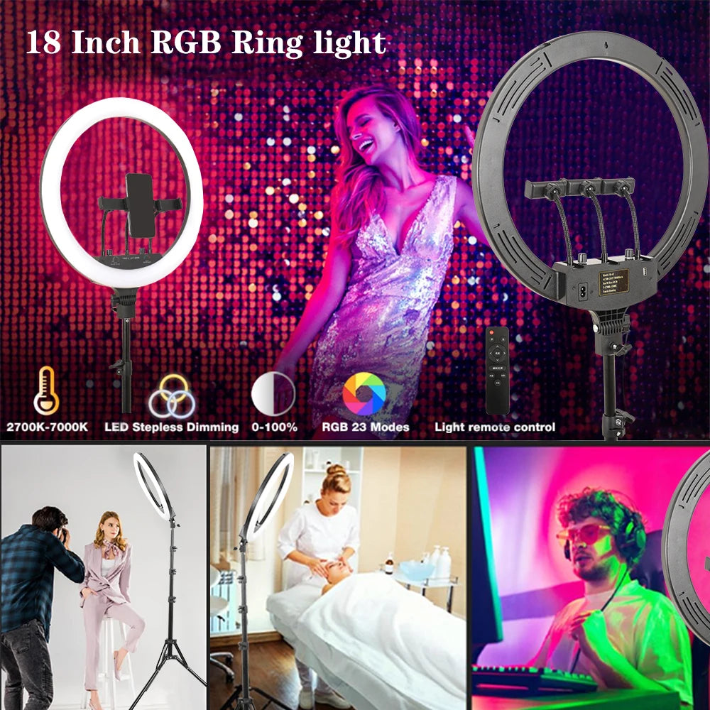 Dimbare 18 Inch RGB Selfie Ringlamp met Tripod en Telefoonhouder – Make-up, YouTube en Fotografie Studio Verlichting