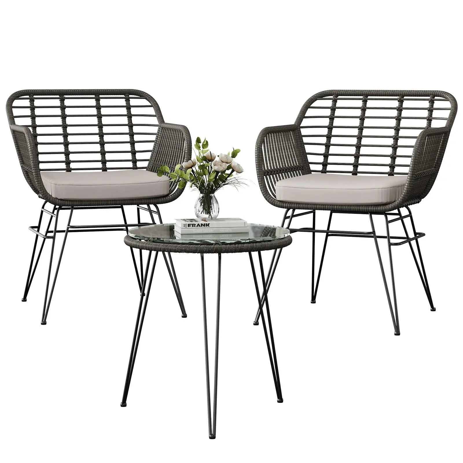 3-Delige Rotan Bistroset met Kussens – 2 Tuinstoelen & Glazen Bijzettafel – Balkonset voor Tuin, Terras & Balkon