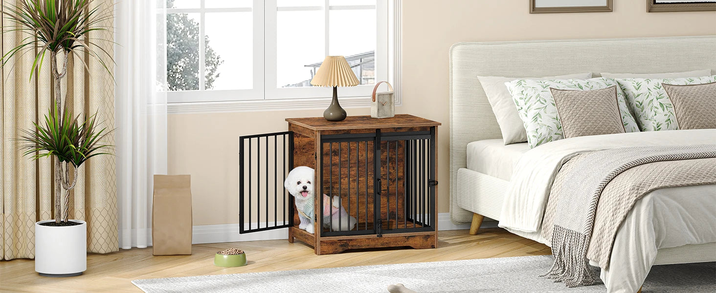 Houten Hondenbench Meubel met 2 Deuren – Industriële Hondenkooi Binnen – Hond Bench Tafel voor Kleine Honden – Vintage Bruin