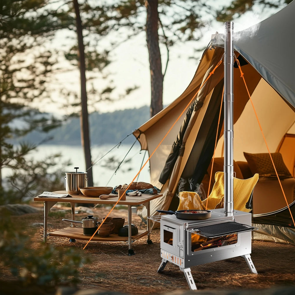 Draagbare RVS Camping Houtkachel met Schoorsteen – Tentkachel voor Kamperen, Backpacken & Outdoor Koken
