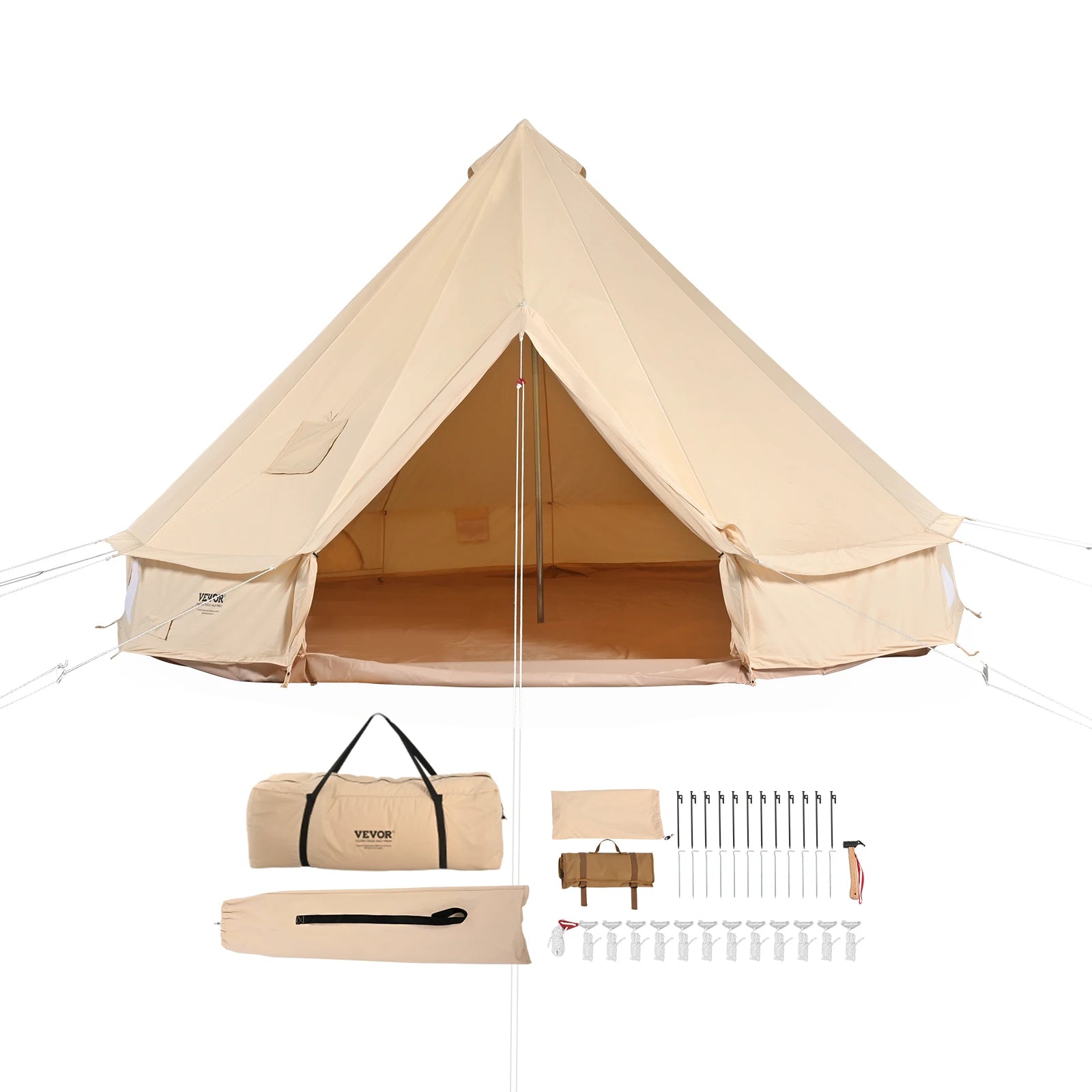 Canvas Bell Tent 5m – 4 Seizoenen Yurt Tent voor 8 Personen met Kachelaansluiting & Waterdicht Grondzeil