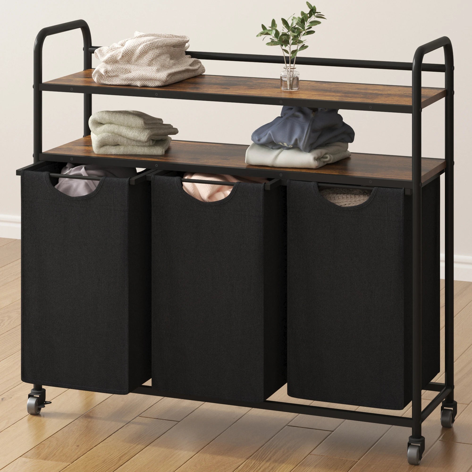 Wasmand met 3 Vakken & Wieltjes – Grote Wasverzamelaar met 2 Planken, Uitschuifbare Liners en Organizer – Voor Badkamer, Slaapkamer & Waskamer