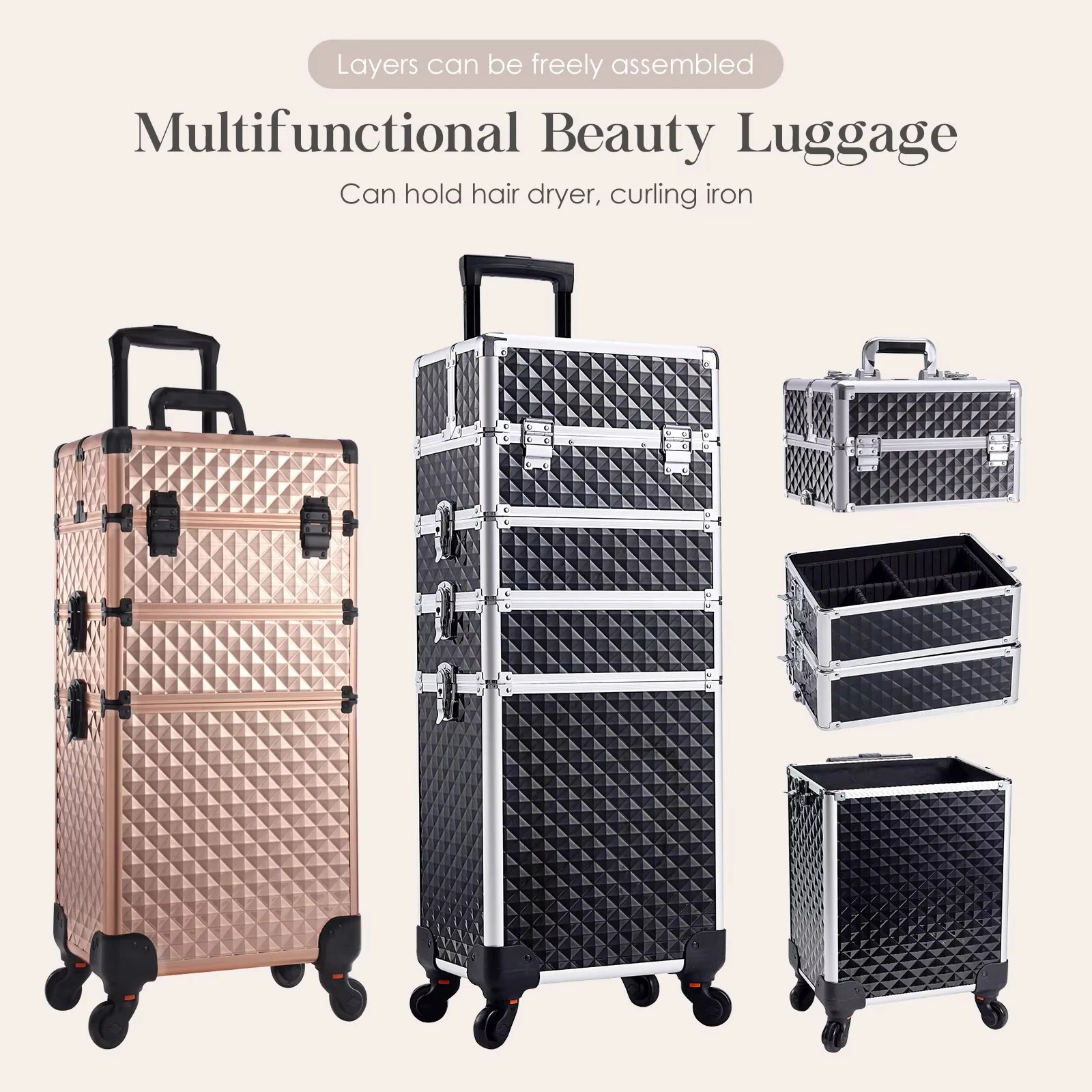 Professionele Make-up Trolley Koffer 4-in-1 – Aluminium Opbergkoffer met Wieltjes en Afneembare Compartimenten – Voor Cosmetica, Nageltools en Reis