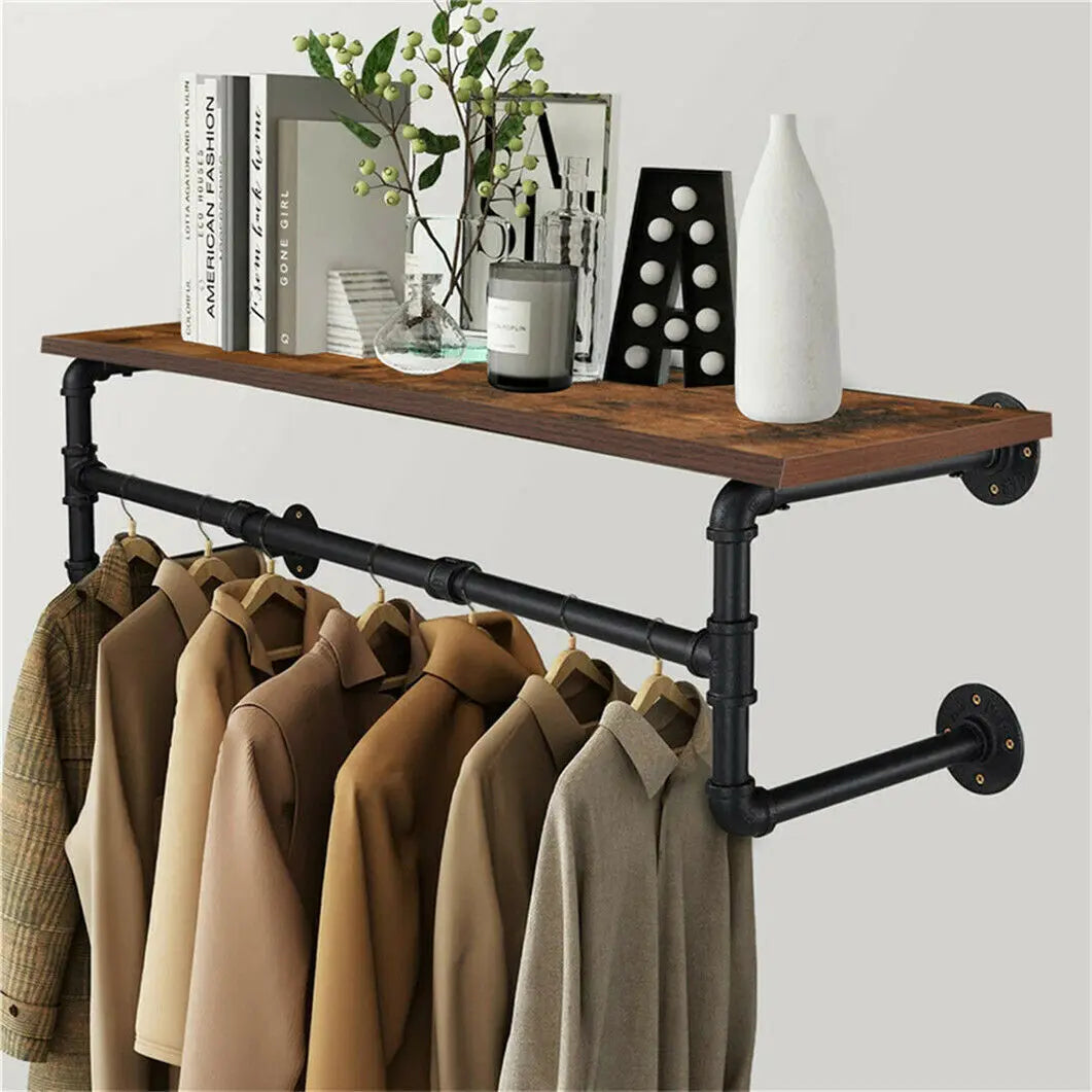 Industrieel Kledingrek Wand met Houten Plank – Metalen Pipe Wandrek met Opbergplank en Haken