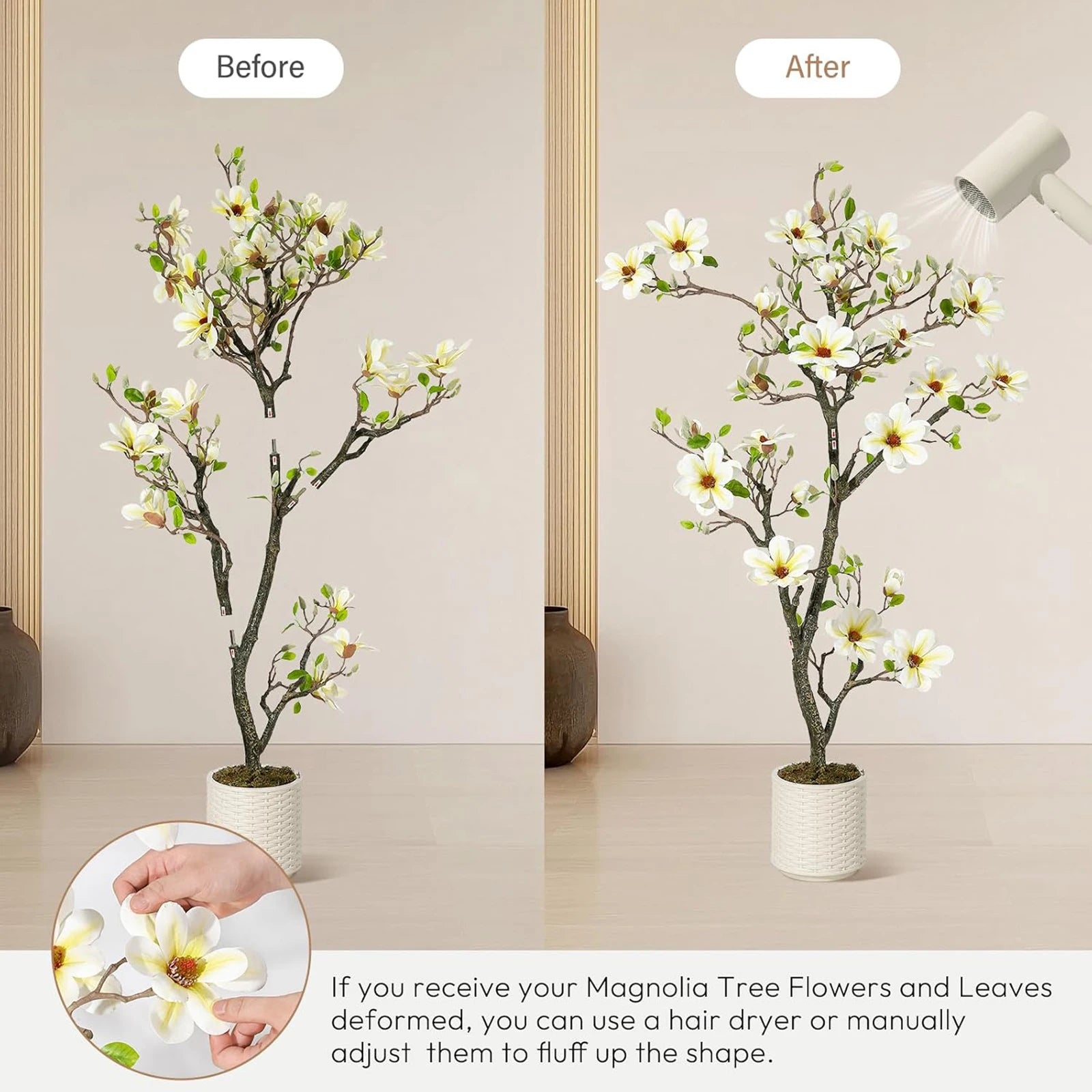 Kunstmatige Magnolia Plant 120–180 cm – Grote Nep Magnolia Boom voor Binnen & Buiten – Realistische Bloemen – Onderhoudsvrij – Luxe Woondecoratie