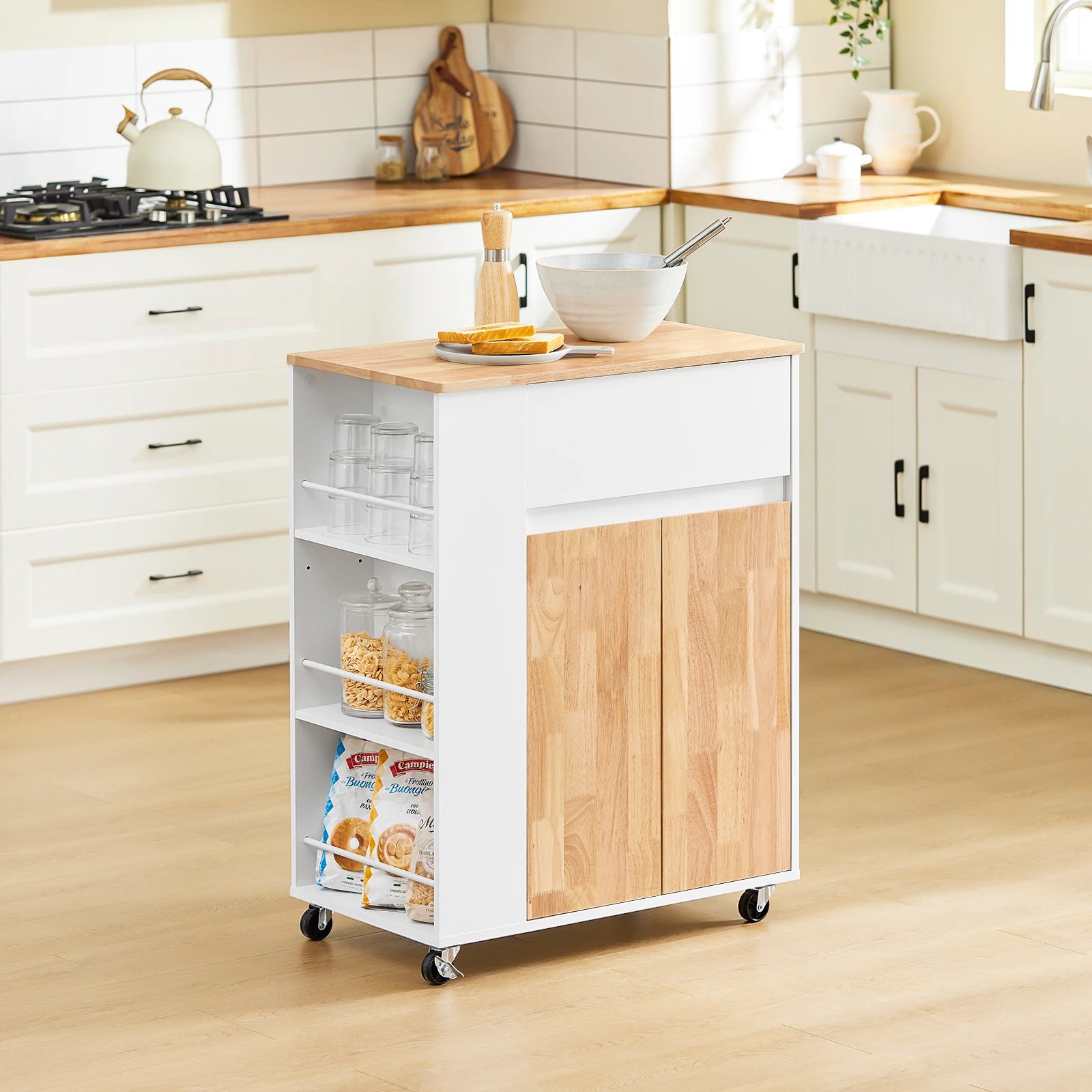 Witte keukentrolley met rubberen houten blad en wielen – multifunctionele serveerwagen