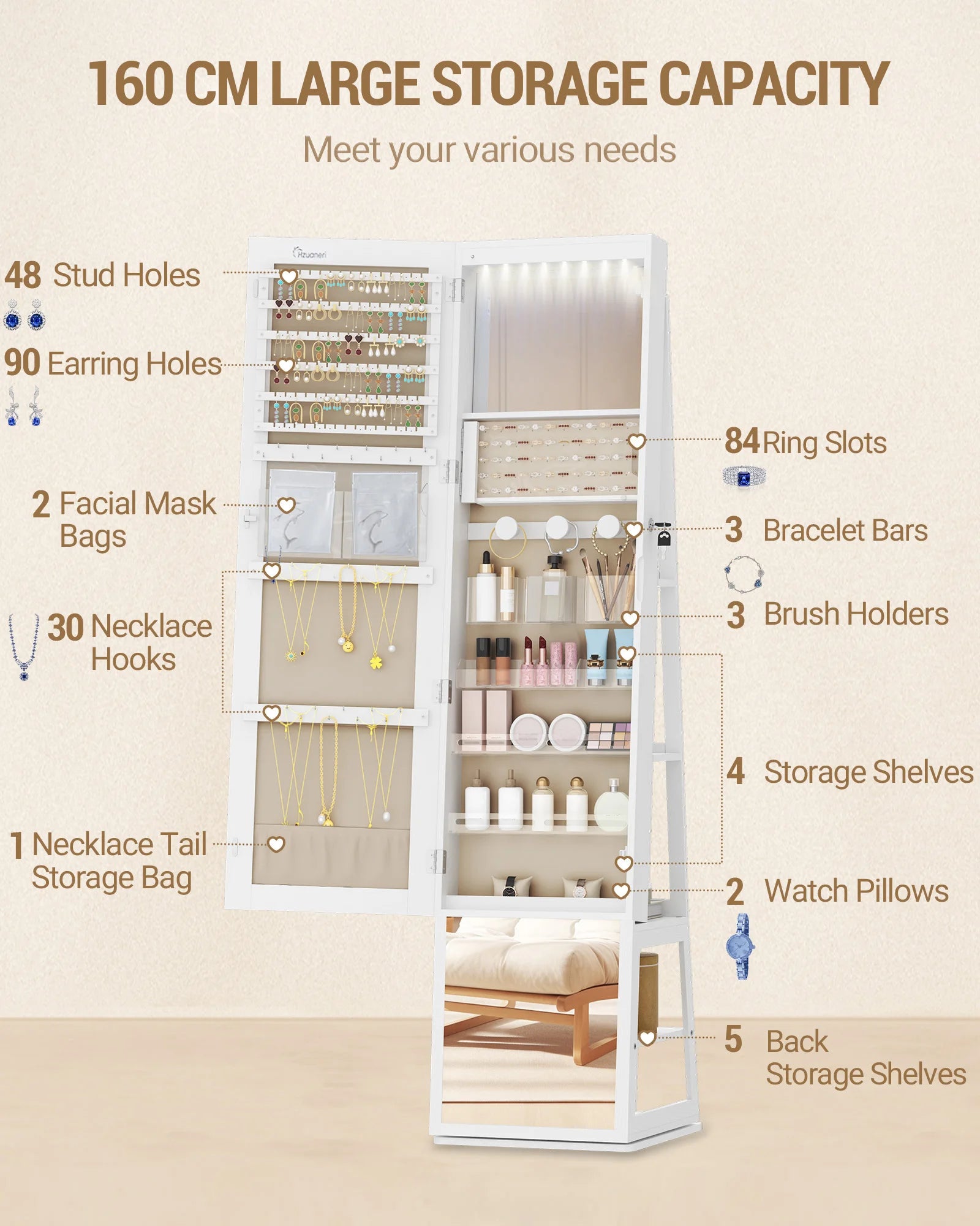 Sieradenkast met Spiegel 360° Draaibaar – Staande Sieraden Organizer met LED Verlichting & Opbergruimte