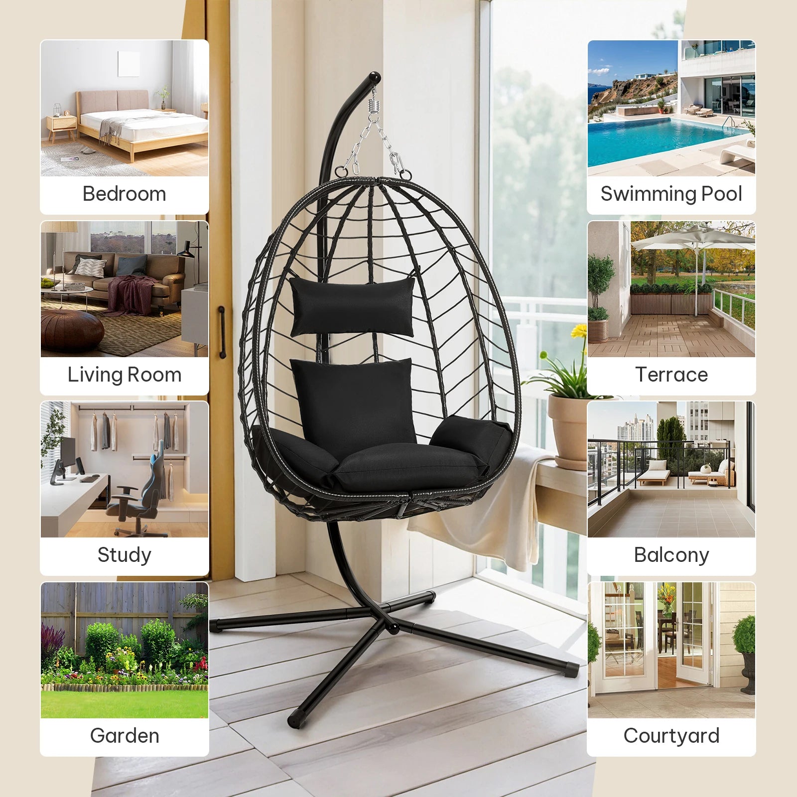Egg Chair Hangstoel met Standaard – Schommelstoel voor Tuin, Balkon & Woonkamer – Inclusief Kussen en Hoofdsteun – Belastbaar tot 150 kg