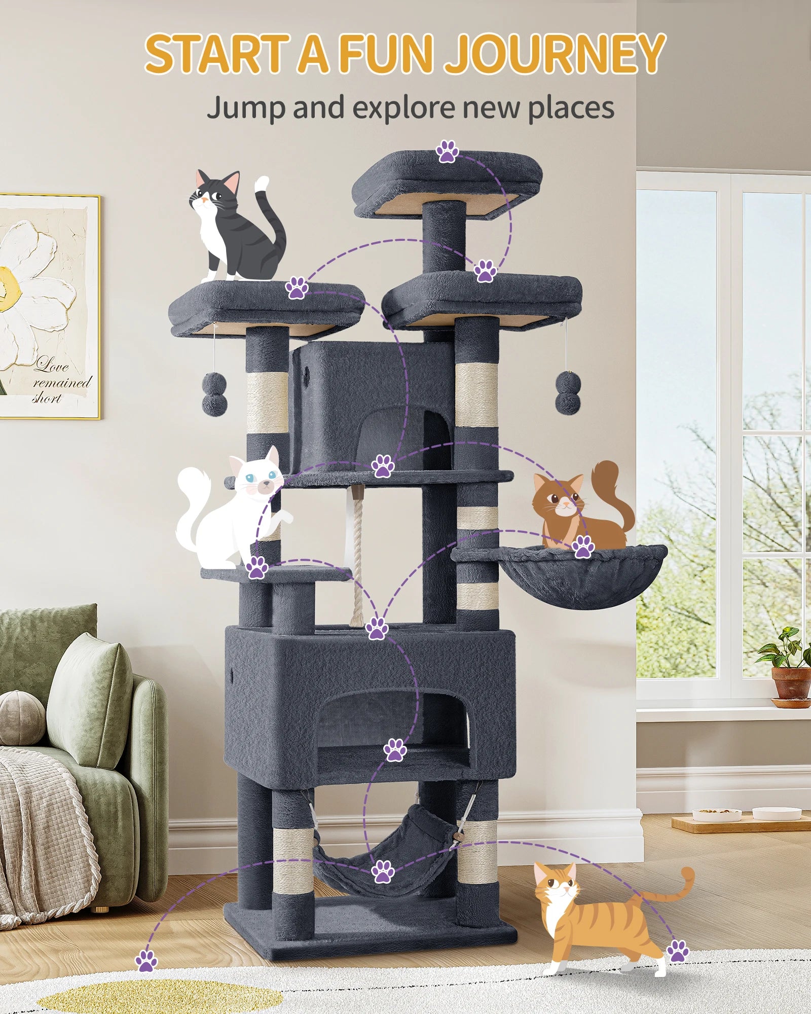 XL Kattenboom 176 cm – Krabpaal met 3 Plateaus, 2 Huisjes & Hangmat – Stevige Kattenkrabpaal voor Meerdere Katten