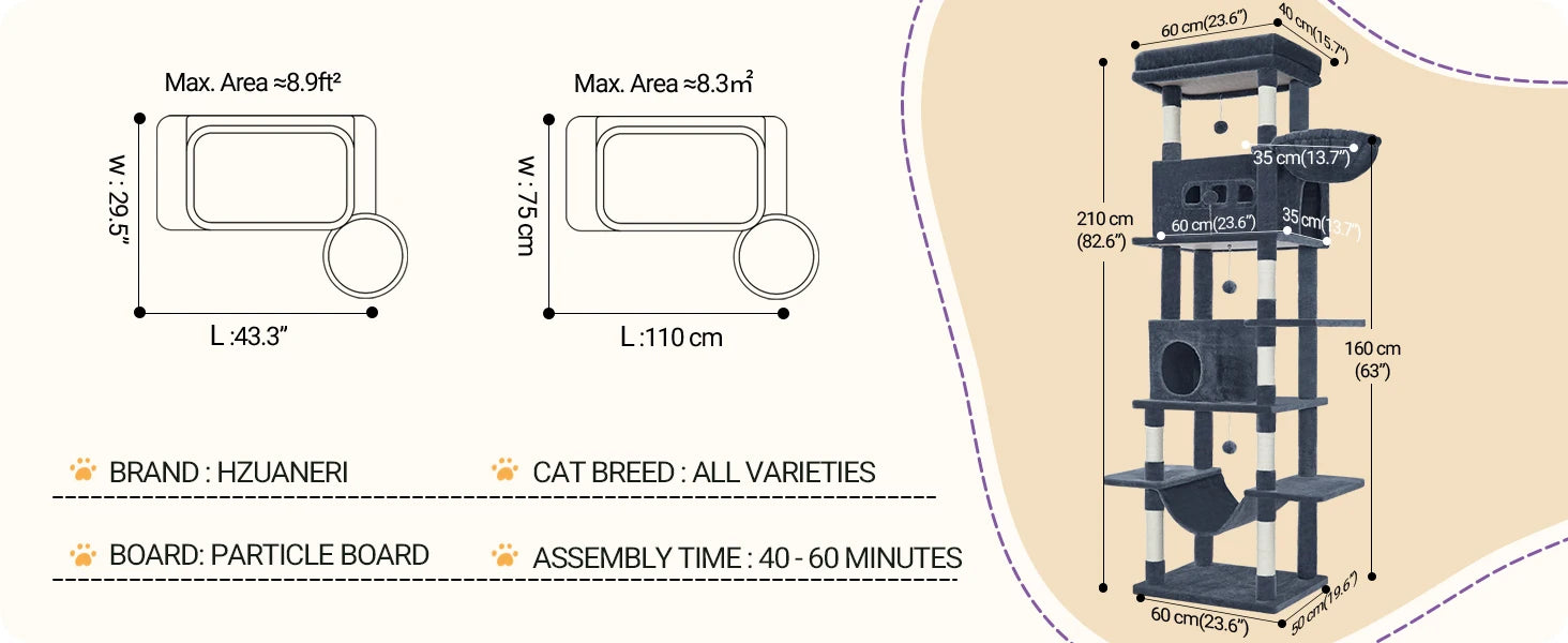 210 cm Grote Krabpaal Kattenboom – Luxe Multi-Level Kattenhuis met Krabpalen, Hangmat & Speelgoed voor Grote en Meerdere Katten