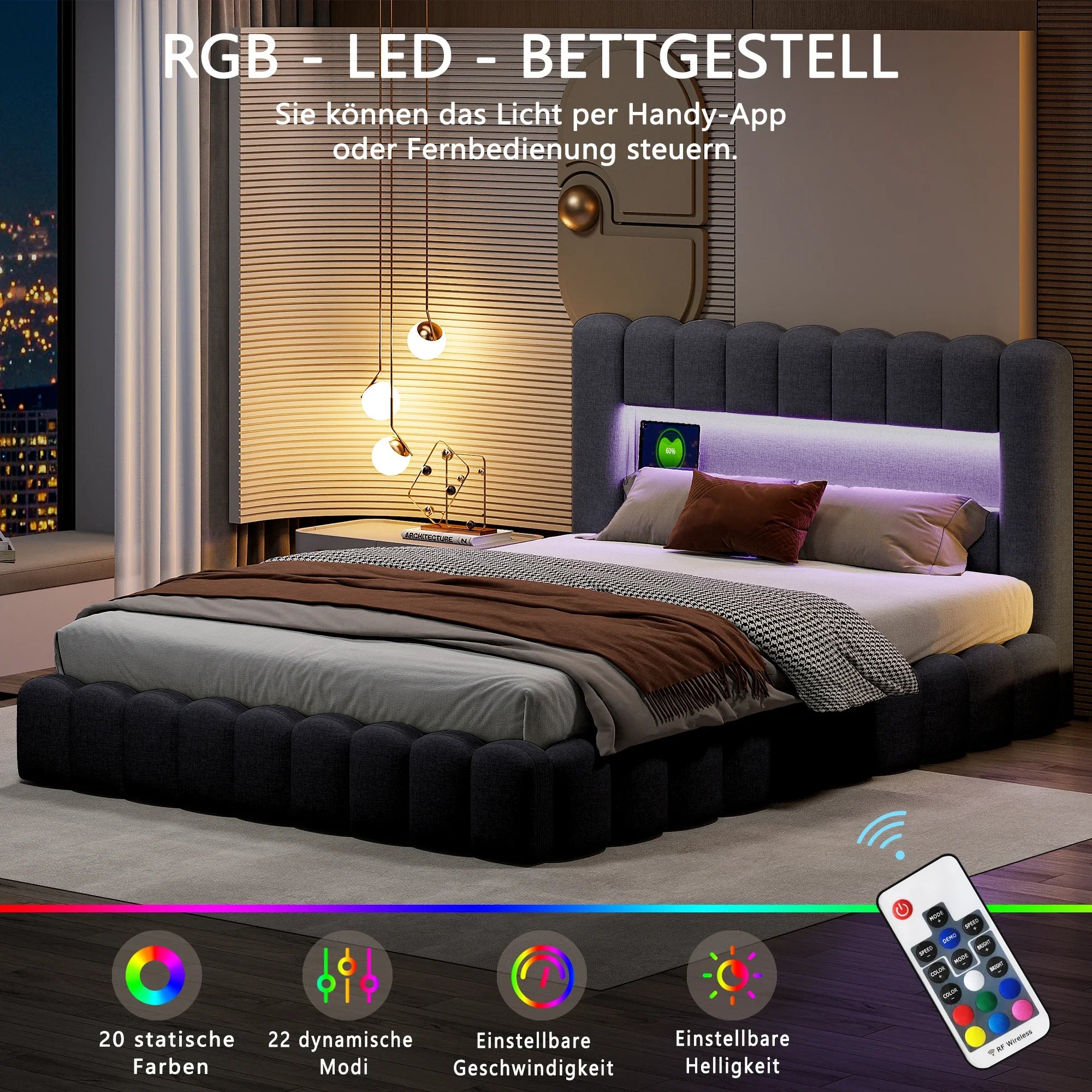 Gestoffeerd Tweepersoonsbed 140–180 cm met LED‑verlichting, USB‑poorten en Opbergruimte – Modern Opbergbed