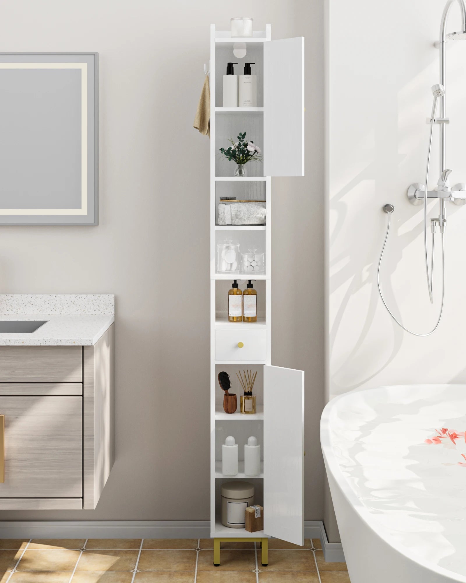 Smalle Badkamerkast met Deuren en Lade – Hoge Opbergkast voor Toilet en Badkamer – Wit Houten Design 180 cm