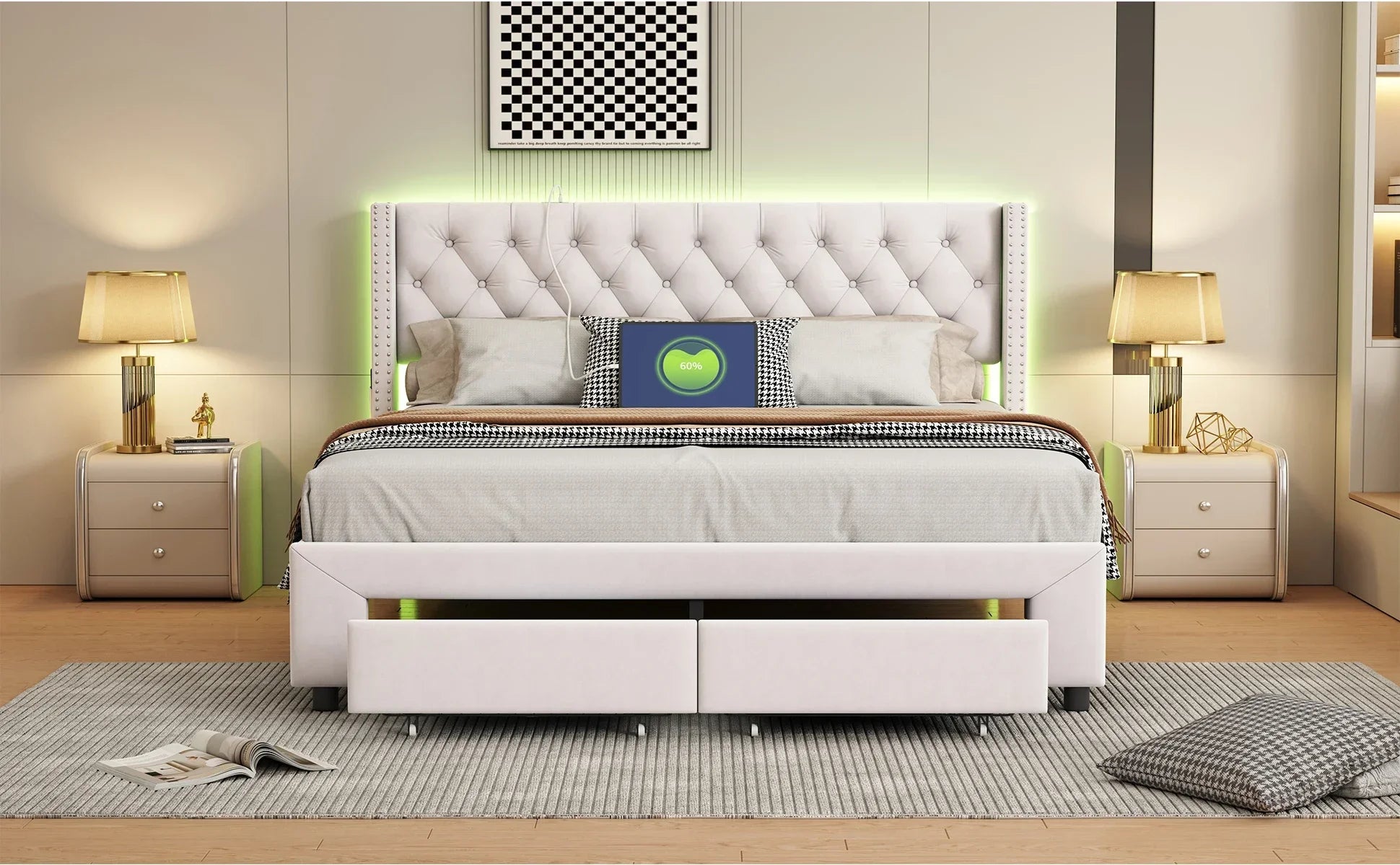 Fluwelen tweepersoonsbed met LED-verlichting, USB-poort en opberglades