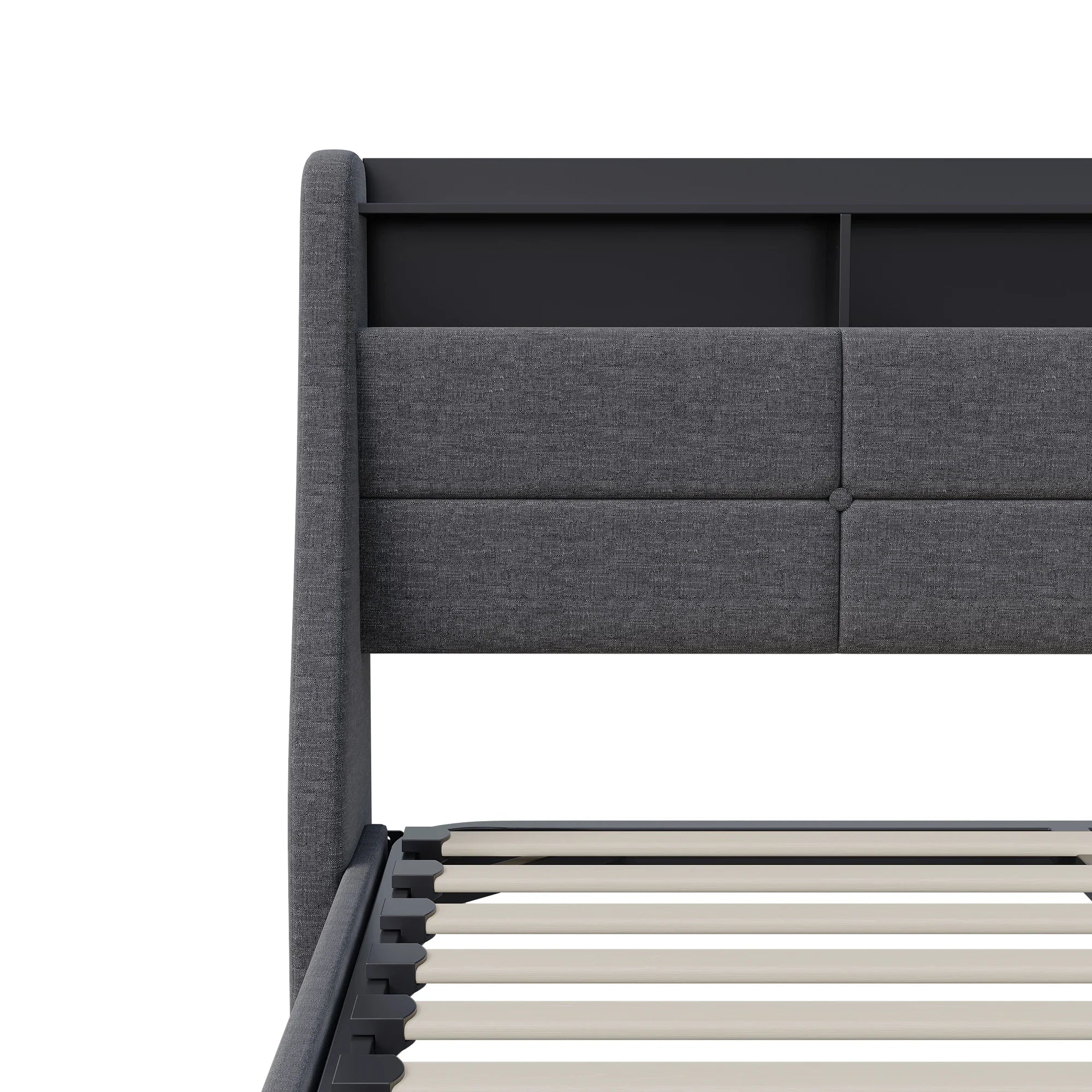 Gestoffeerd tweepersoonsbed 140/160x200 cm met LED‑hoofdeinde, USB‑oplaadfunctie en hydraulische opbergruimte