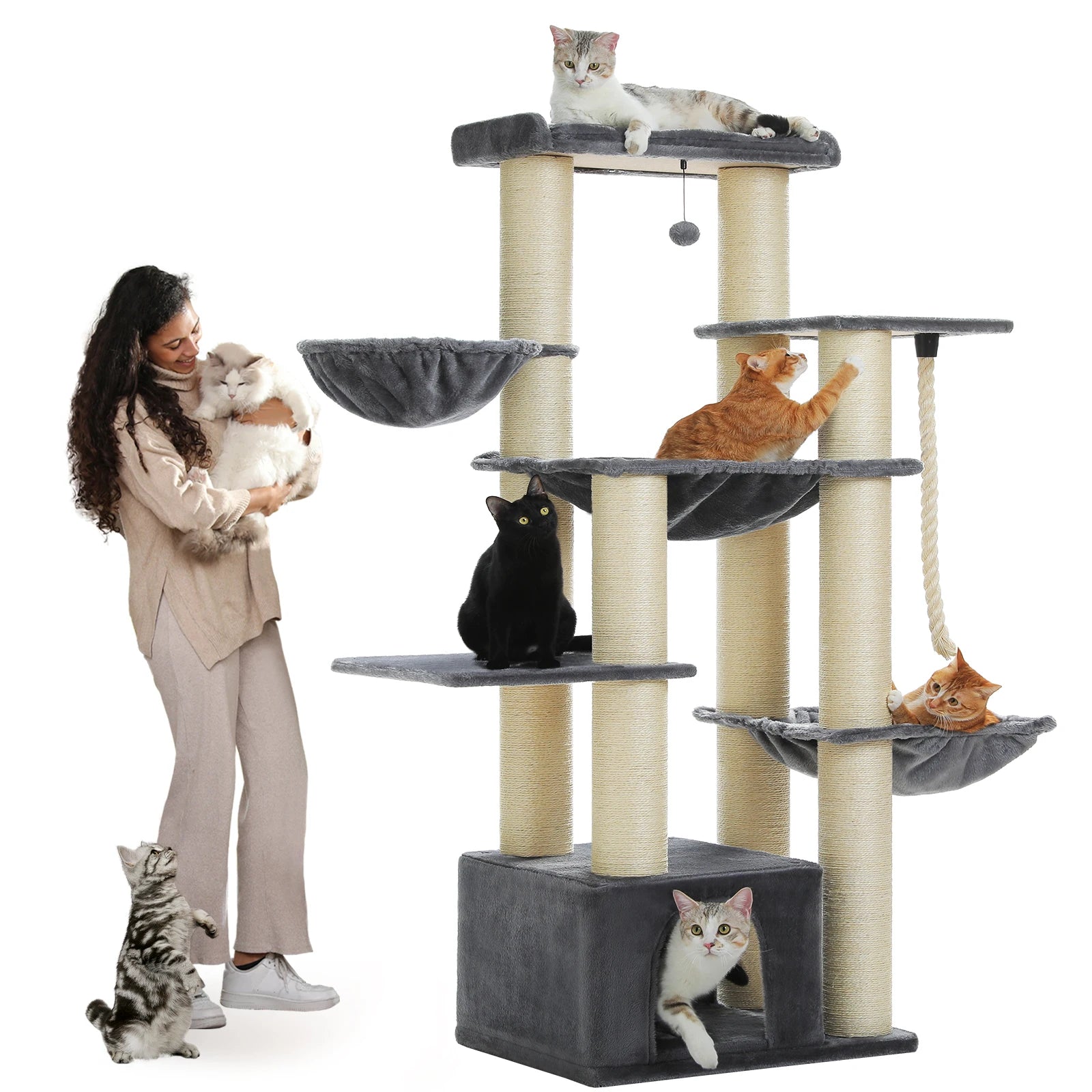 Grote Kattenboom voor Grote Katten – Robuuste Krabpaal met 11 Sisal Palen, Hangmatten en Kattenhuis