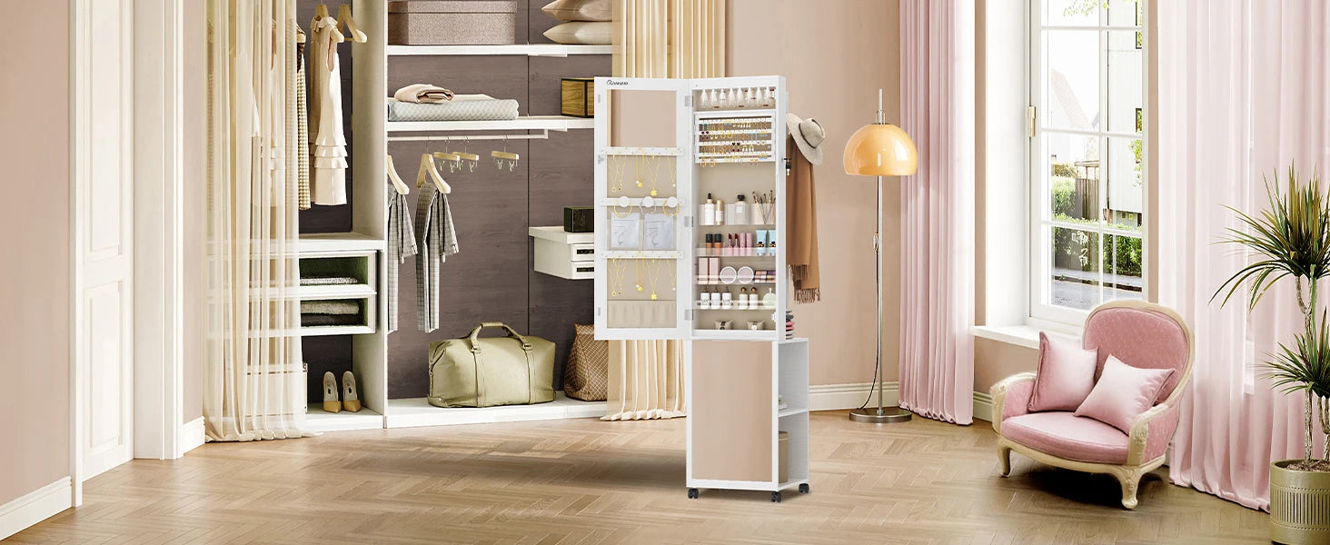 Sieradenkast met Spiegel en LED Verlichting – Staande Sieraden Organizer met Kledingrek, Opbergrek en Wielen