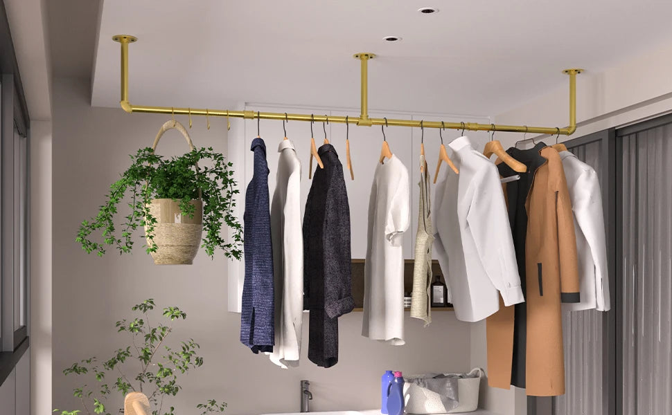 Industrieel Muur Kledingrek Buiswerk – Goud – Wand Kledingstang 180 cm – Ruimtebesparend en Stevig Metaal