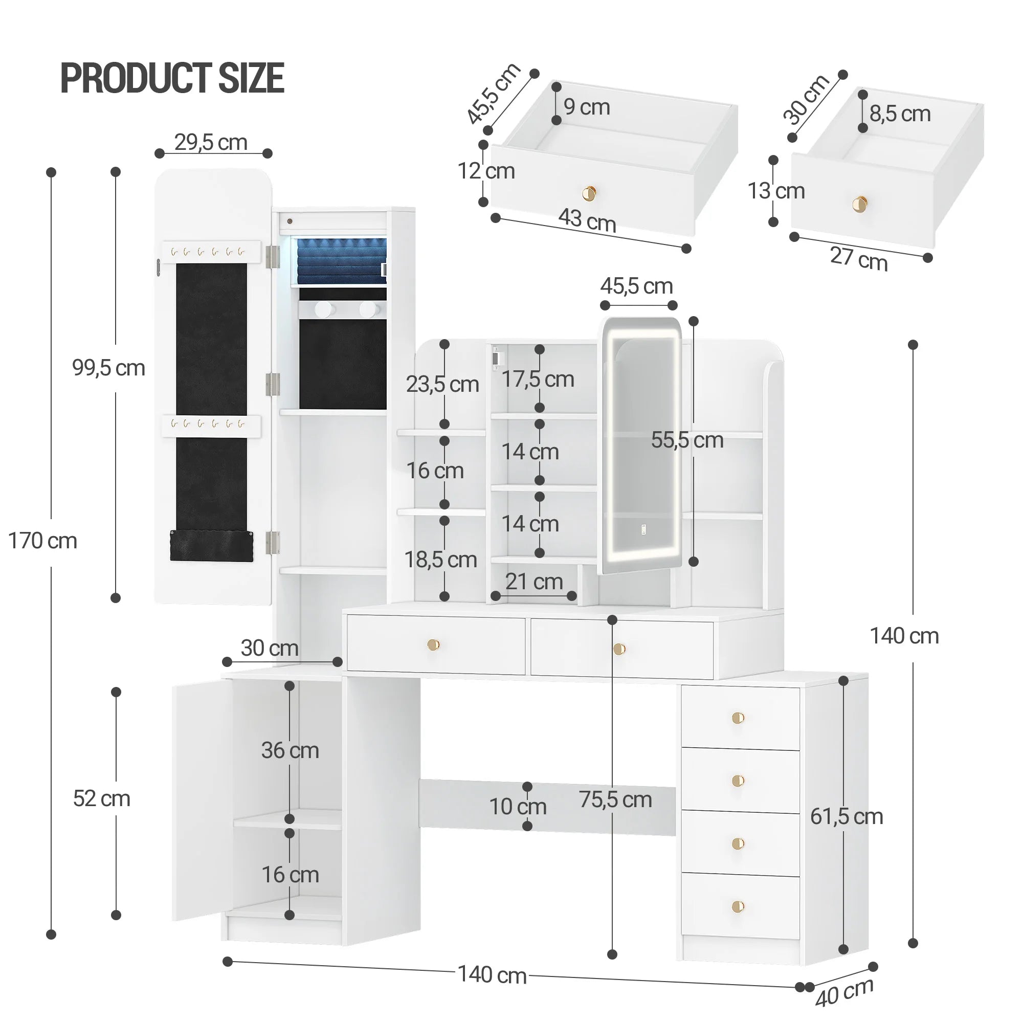 Moderne Make‑up Tafel met LED‑Verlichting, Spiegel & Veel Opbergruimte – 8 Open Vakken, 6 Laden, Sieradenvak – Witte Kaptafel voor Slaapkamer