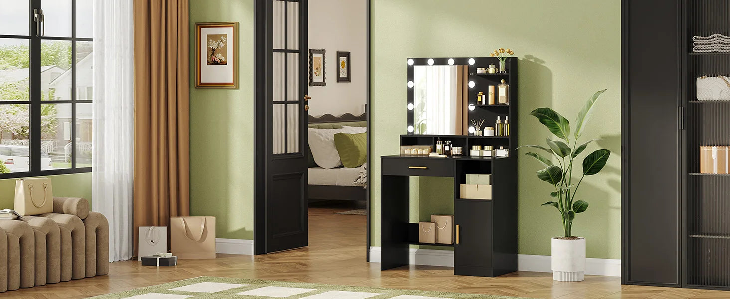 Make-up Tafel met Spiegel en LED Verlichting – Dressing Table met Lade, Planken en Opbergruimte – Modern Minimalistisch