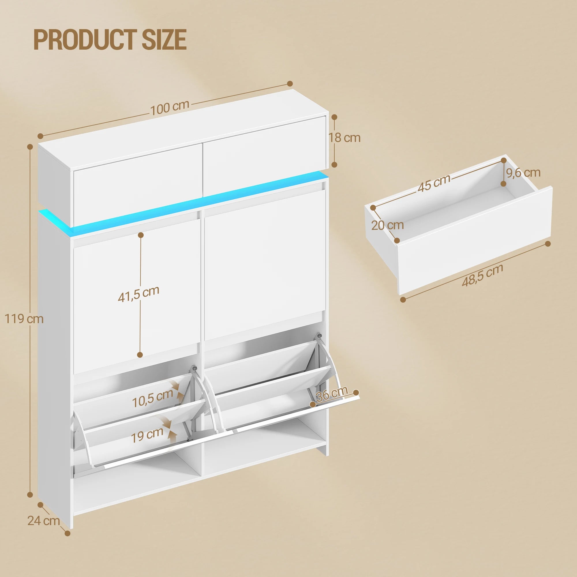 Schoenenkast Smal met LED Verlichting – Schoenenrek met 4 Kleppen & Lades – Ruimte voor 20 Paar – Modern Wit Halmeubel