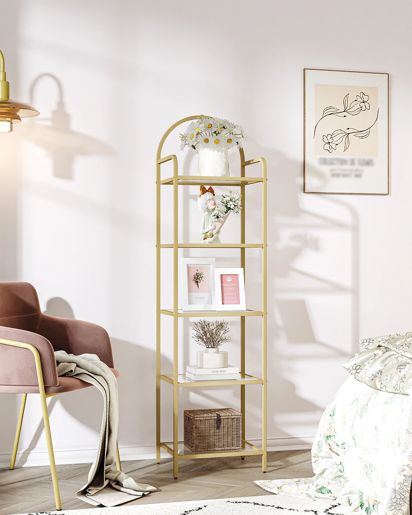 Smalle Boekenkast met Glazen Planken en Goud Stalen Frame – Moderne Open Kast 5 Niveaus voor Woonkamer, Slaapkamer en Badkamer