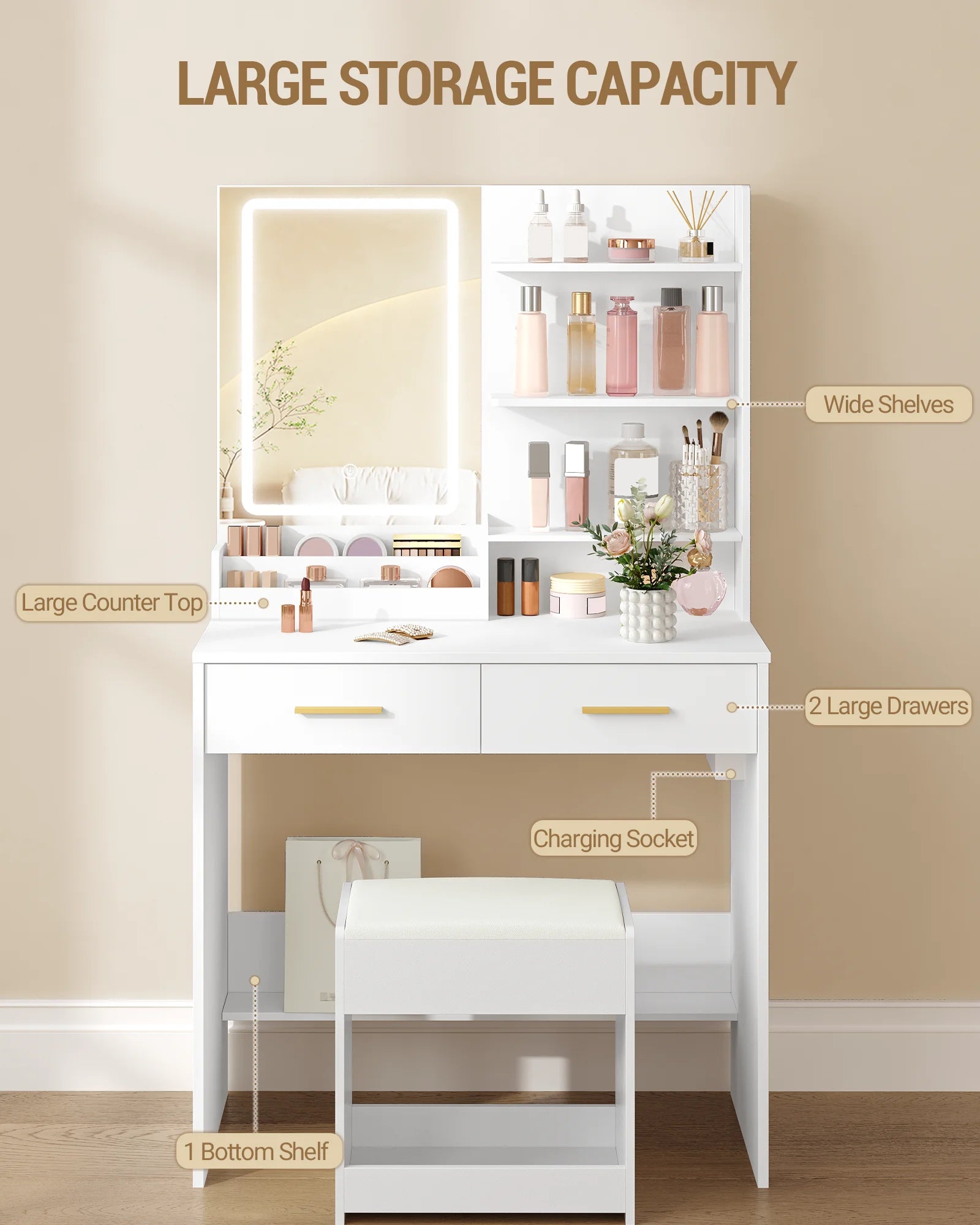 Kaptafel met LED Verlichting en Spiegel – Stopcontact & USB – 2 Lades en Opbergruimte – Moderne Witte Make-up Tafel