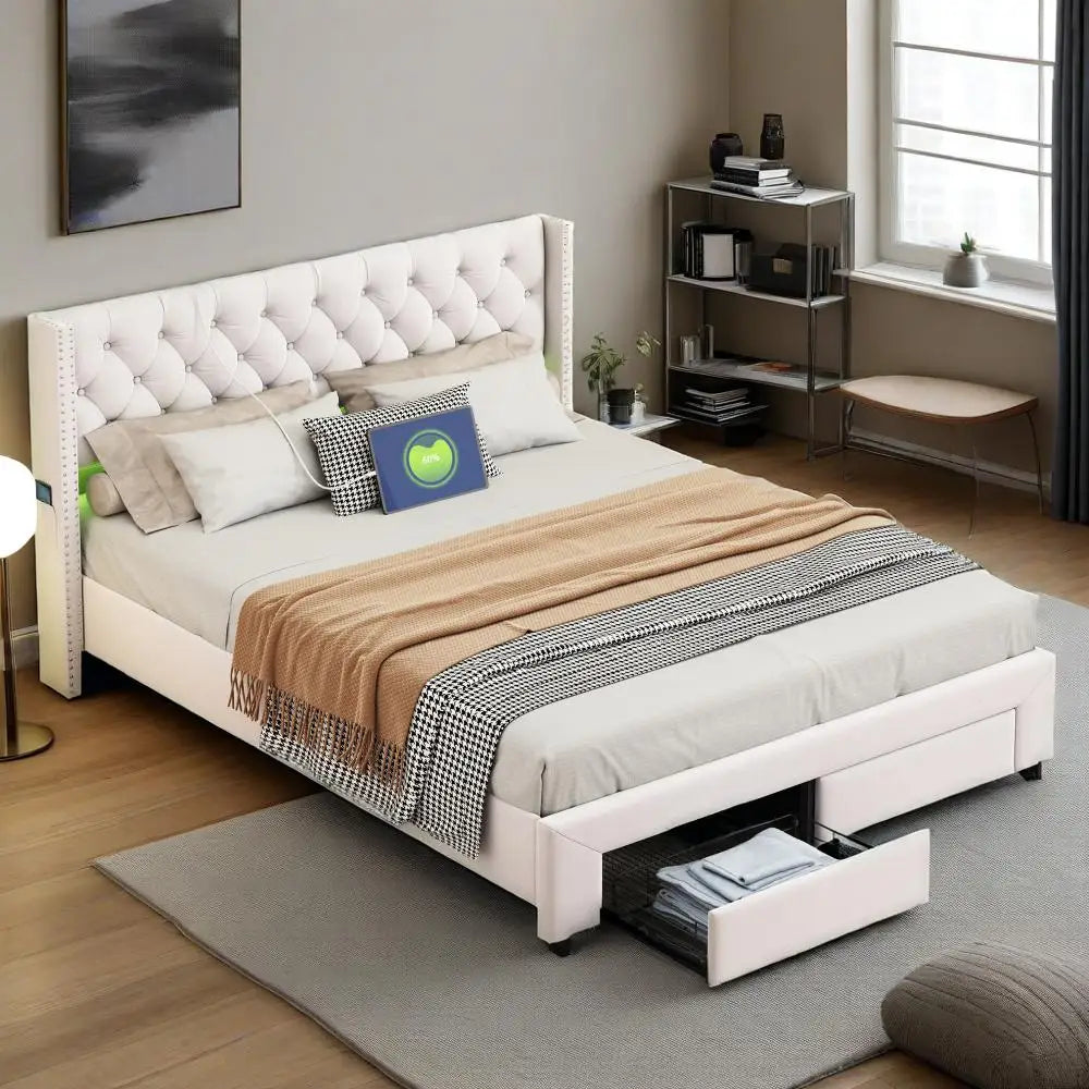 Fluwelen tweepersoonsbed met LED-verlichting, USB-poort en opberglades