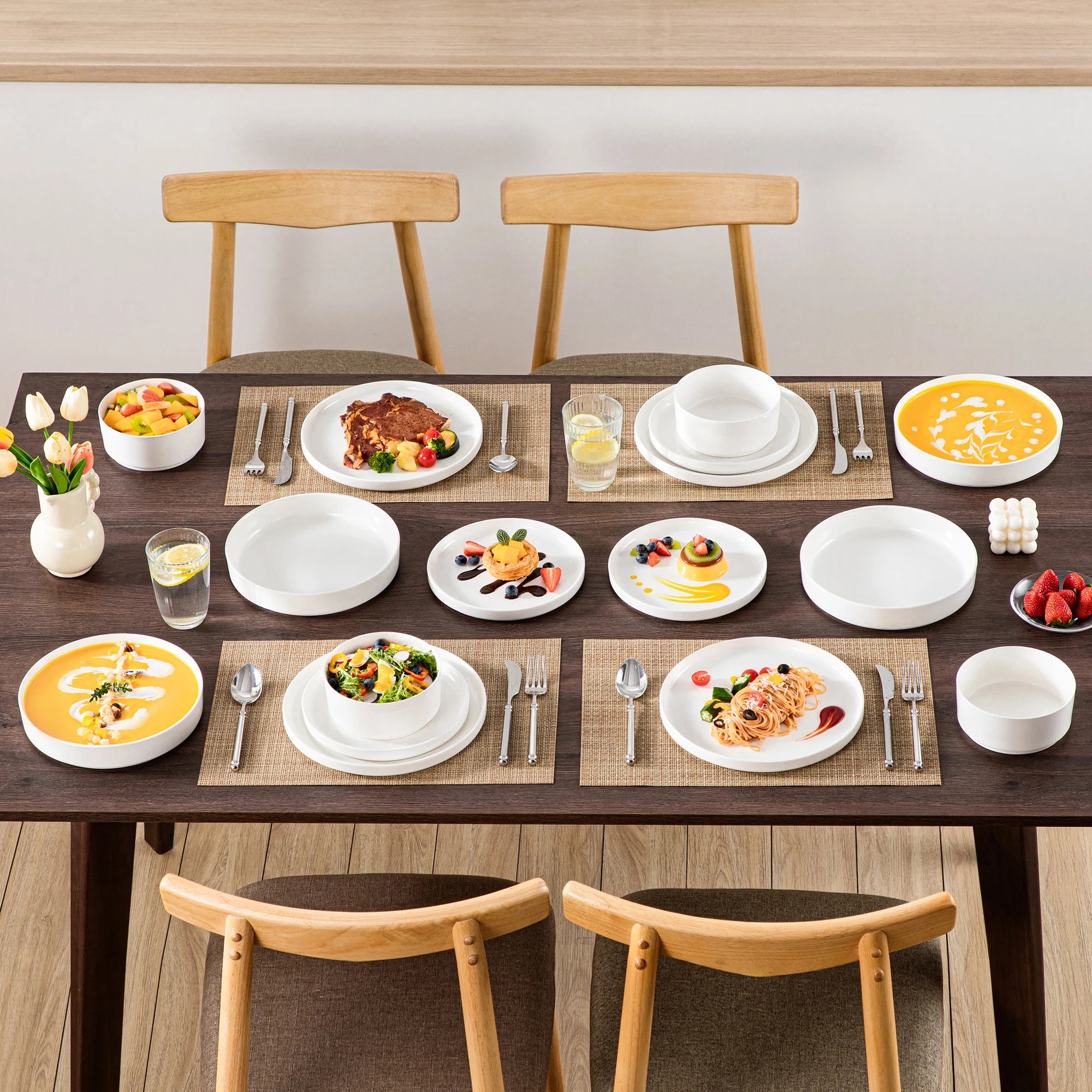 Serviesset wit met zwarte rand – 12/16/18/24 Delig Keramisch Servies - Serviesset met Borden & Kommen