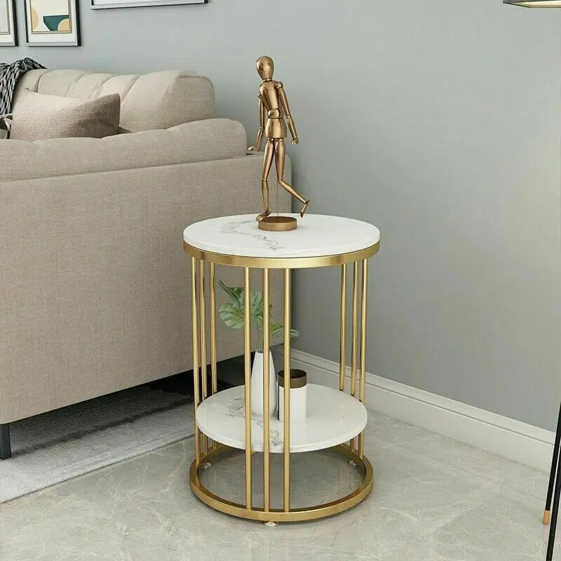 2-Laags Ronde Bijzettafel met Marmerlook – Moderne Salontafel & Nachtkastje met Opbergruimte – Wit Design