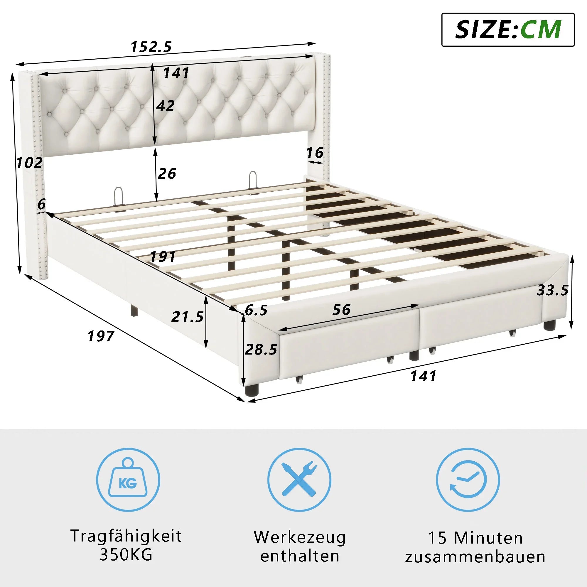Fluwelen tweepersoonsbed met LED-verlichting, USB-poort en opberglades