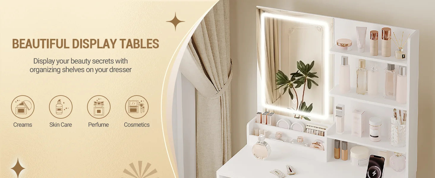Kaptafel met LED Verlichting en Spiegel – Stopcontact & USB – 2 Lades en Opbergruimte – Moderne Witte Make-up Tafel