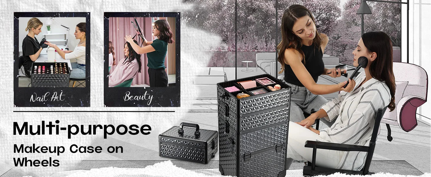 Professionele Make-up Trolley Extra Groot – Rollende Cosmetica Koffer met Wielen en Uittrekbare Handgreep – Organizer voor Visagisten en Thuisgebruik