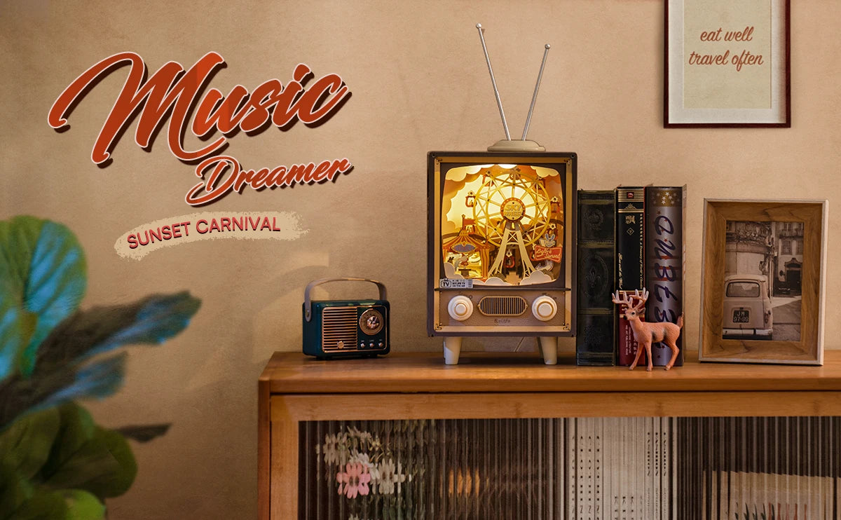 3D Houten Muziekdoos Reuzenrad met Licht – Sunset Carnival Nachtlampje en Decoratie – USB Oplaadbaar voor Woonkamer en Slaapkamer