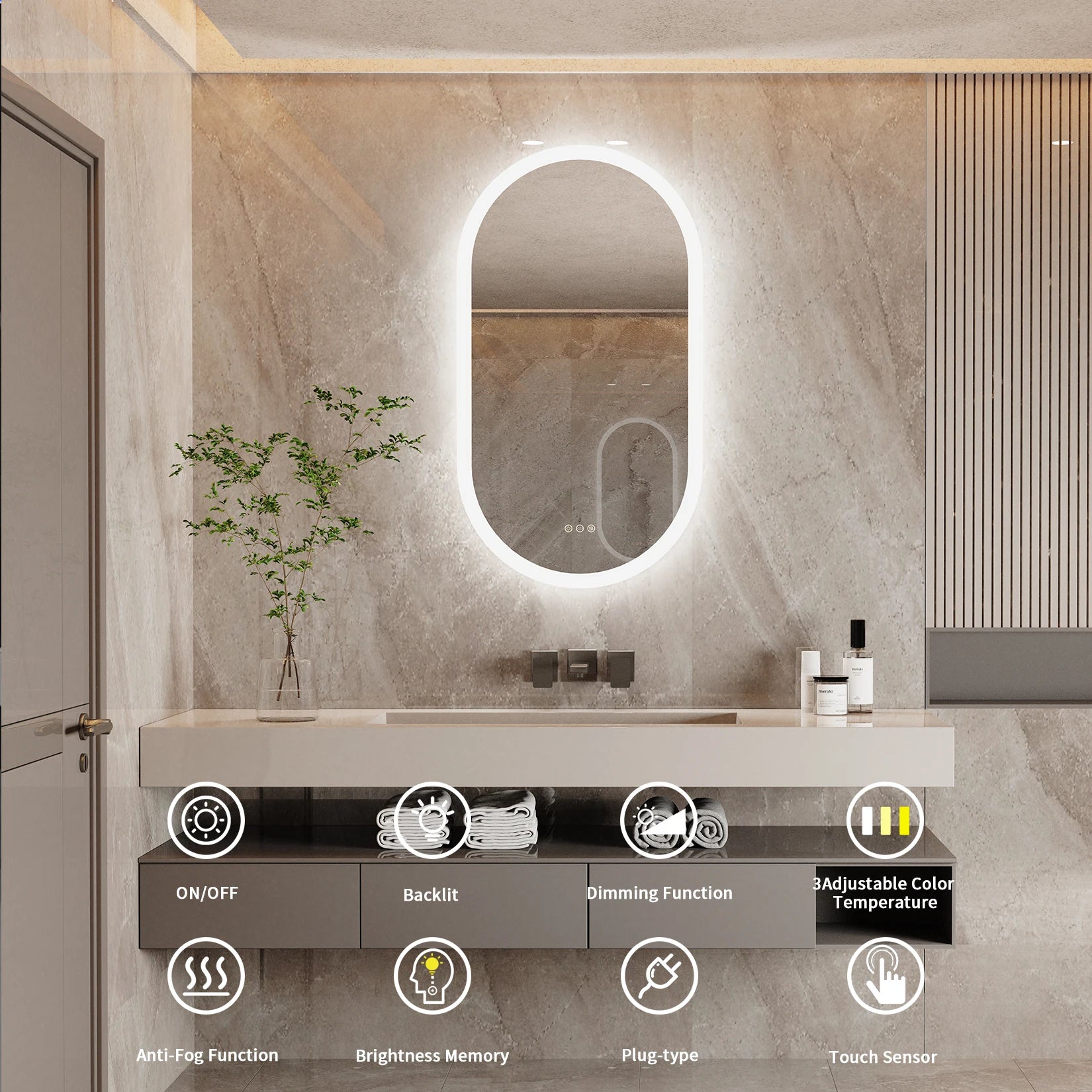 Ovale LED Badkamerspiegel met Verlichting en Anti-Condens – Frameloze Wandspiegel met Touchsensor en Dimbaar Licht