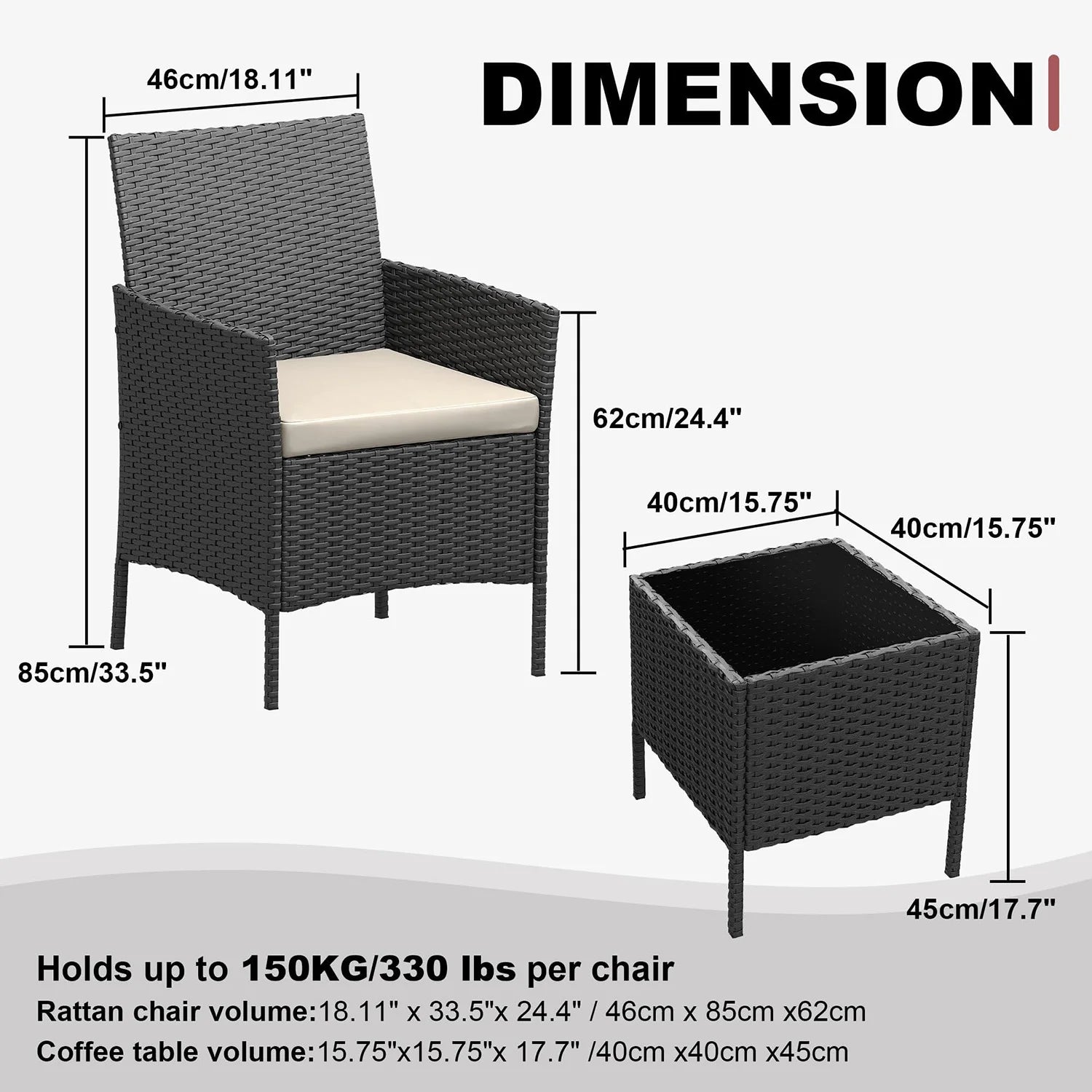 3-Delige Rotan Bistroset met Kussens – 2 Tuinstoelen & Glazen Salontafel – Tuinset voor Tuin, Terras & Veranda