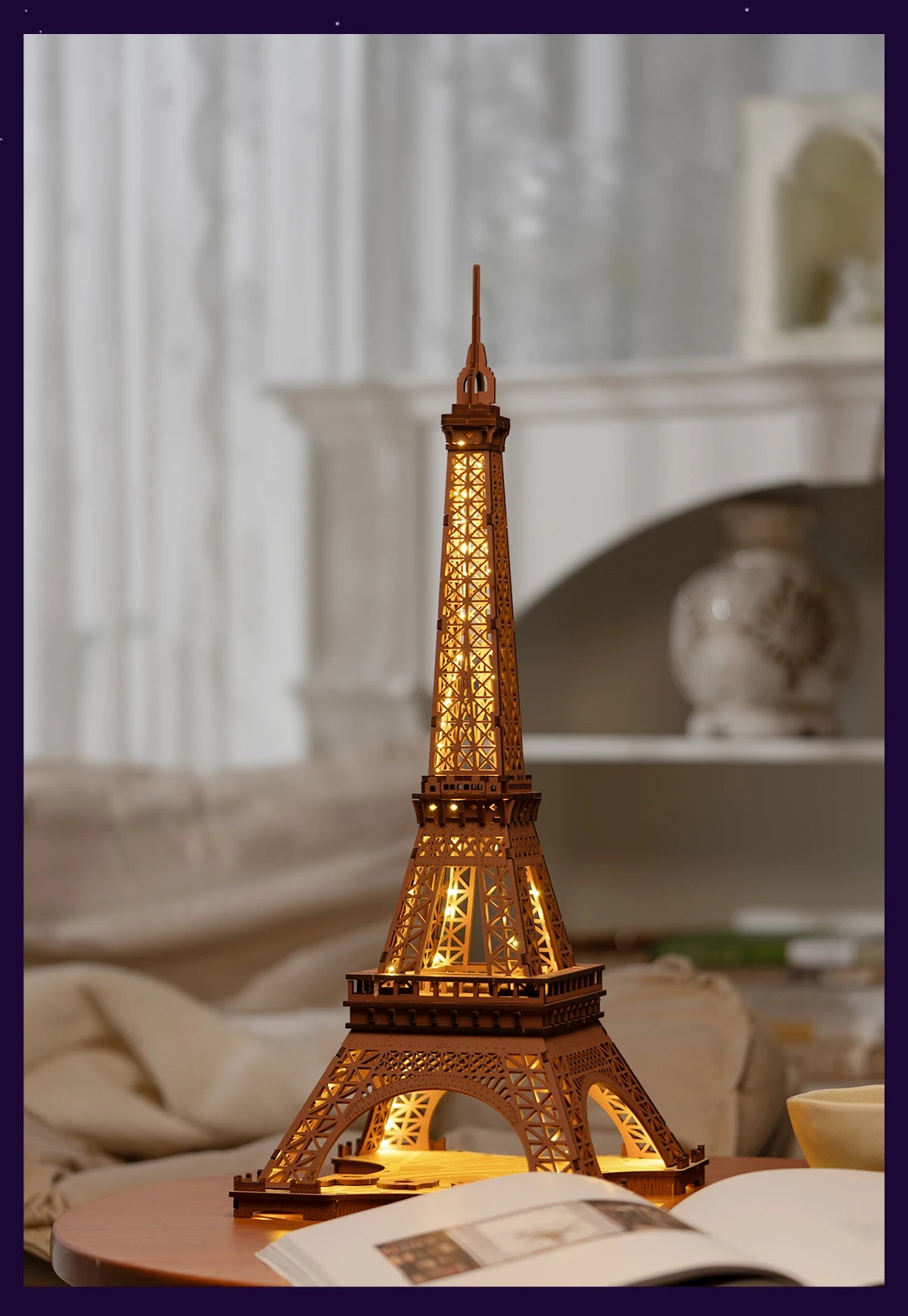 3D Houten Puzzel Eiffeltoren met LED Licht – DIY Modelbouw Kit voor Volwassenen en Kinderen – Creatief Knutselpakket 22x21x49 cm